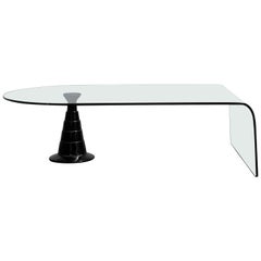 1980s Italian Waterfall Glass Coffee Table w/ Glossy Black Ceramic Pedestal