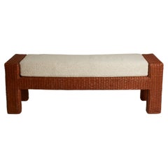 1980s Italian Wicker Bench with White Bouclé Upholstery