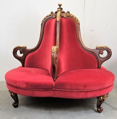 1980s Italian Wood Gold Leaf Red Velvet Conversation Borne Settee Round Sofa