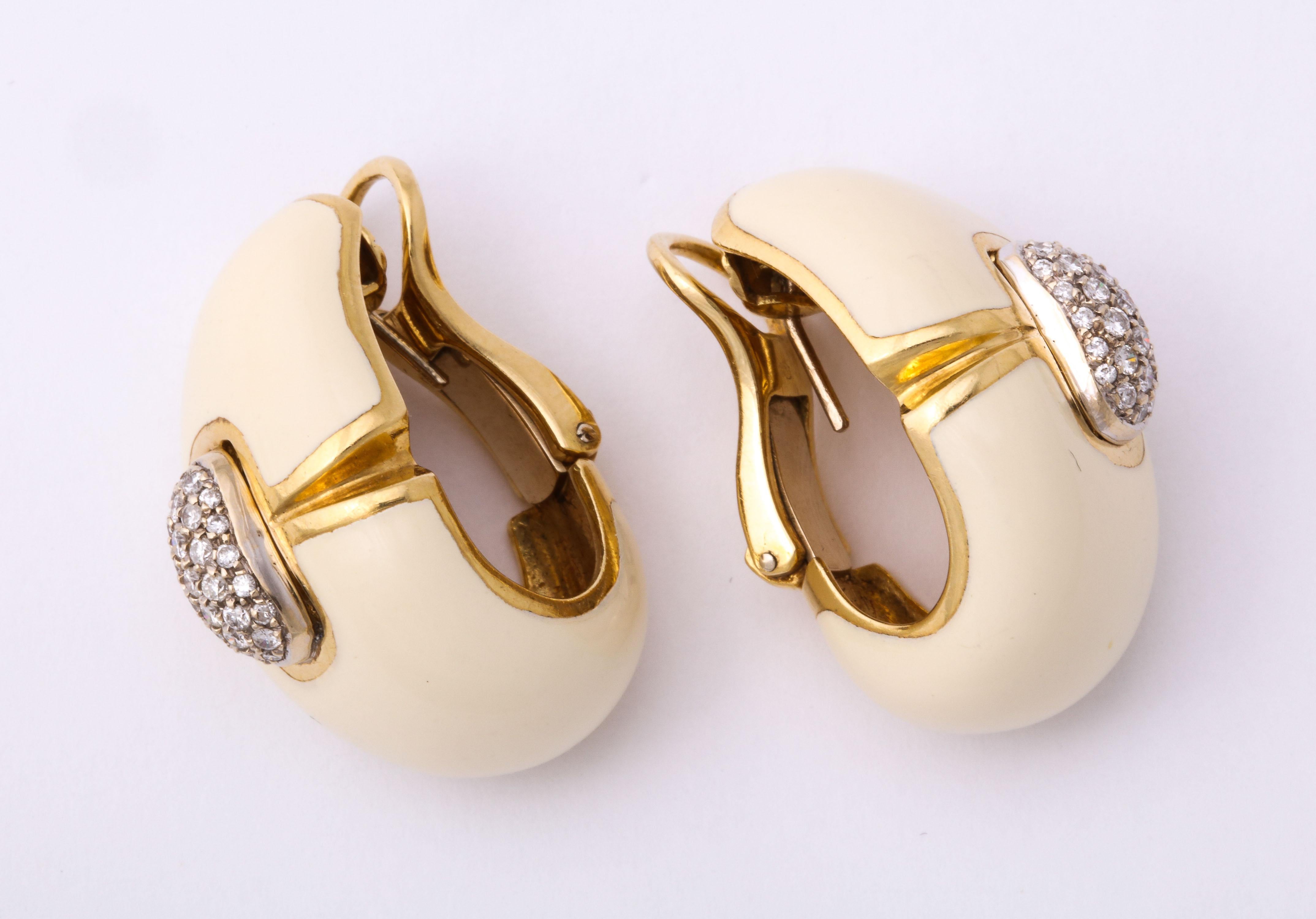 1980s Ivory Color Enamel with Diamonds Half Hoop Style Large Gold Earrings In Good Condition For Sale In New York, NY
