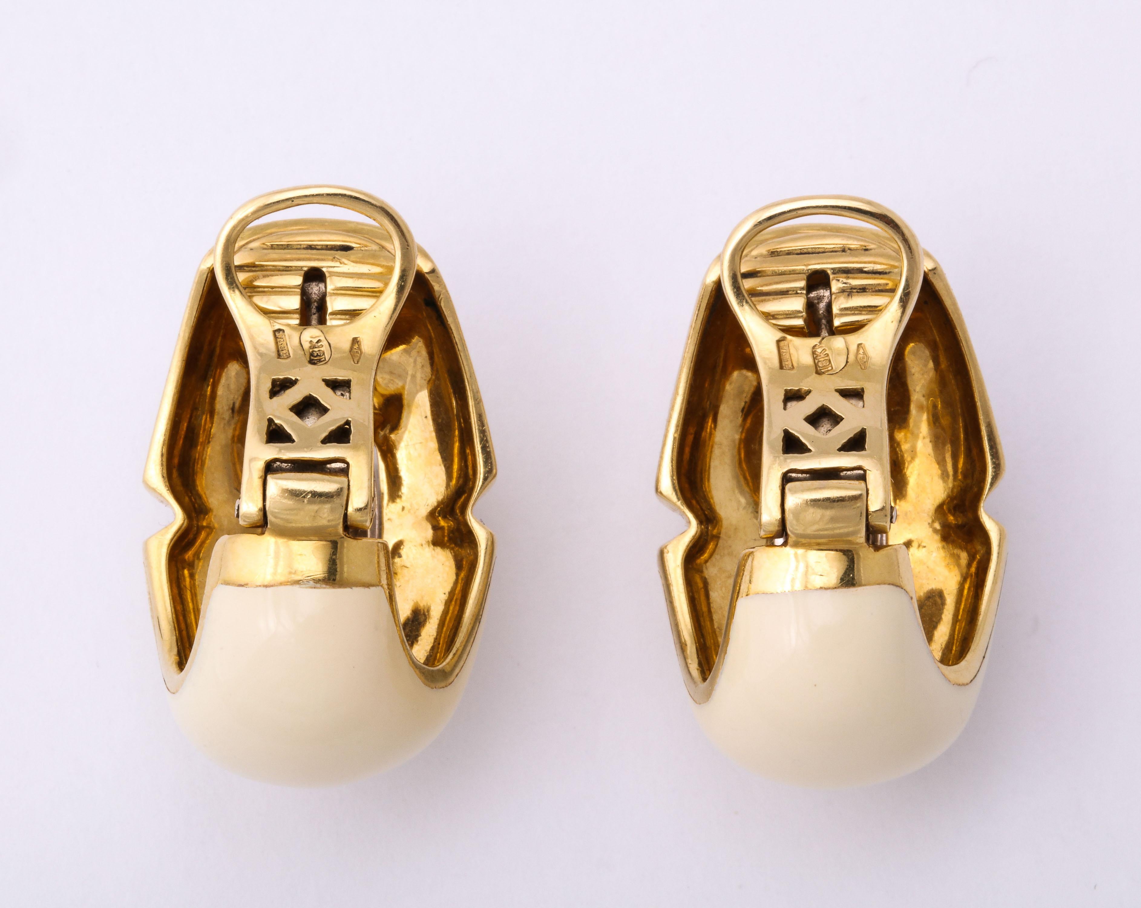 Women's 1980s Ivory Color Enamel with Diamonds Half Hoop Style Large Gold Earrings For Sale