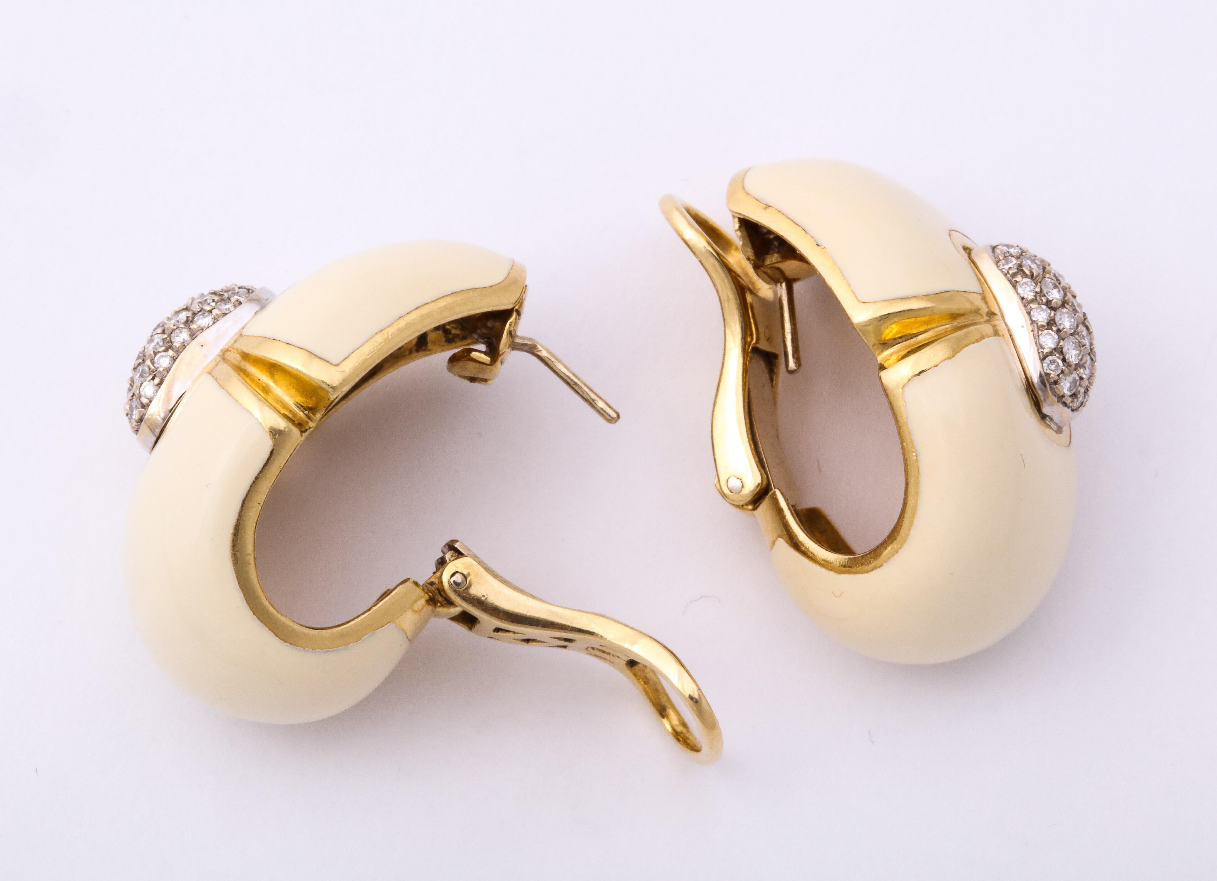 1980s Ivory Color Enamel with Diamonds Half Hoop Style Large Gold Earrings For Sale 3