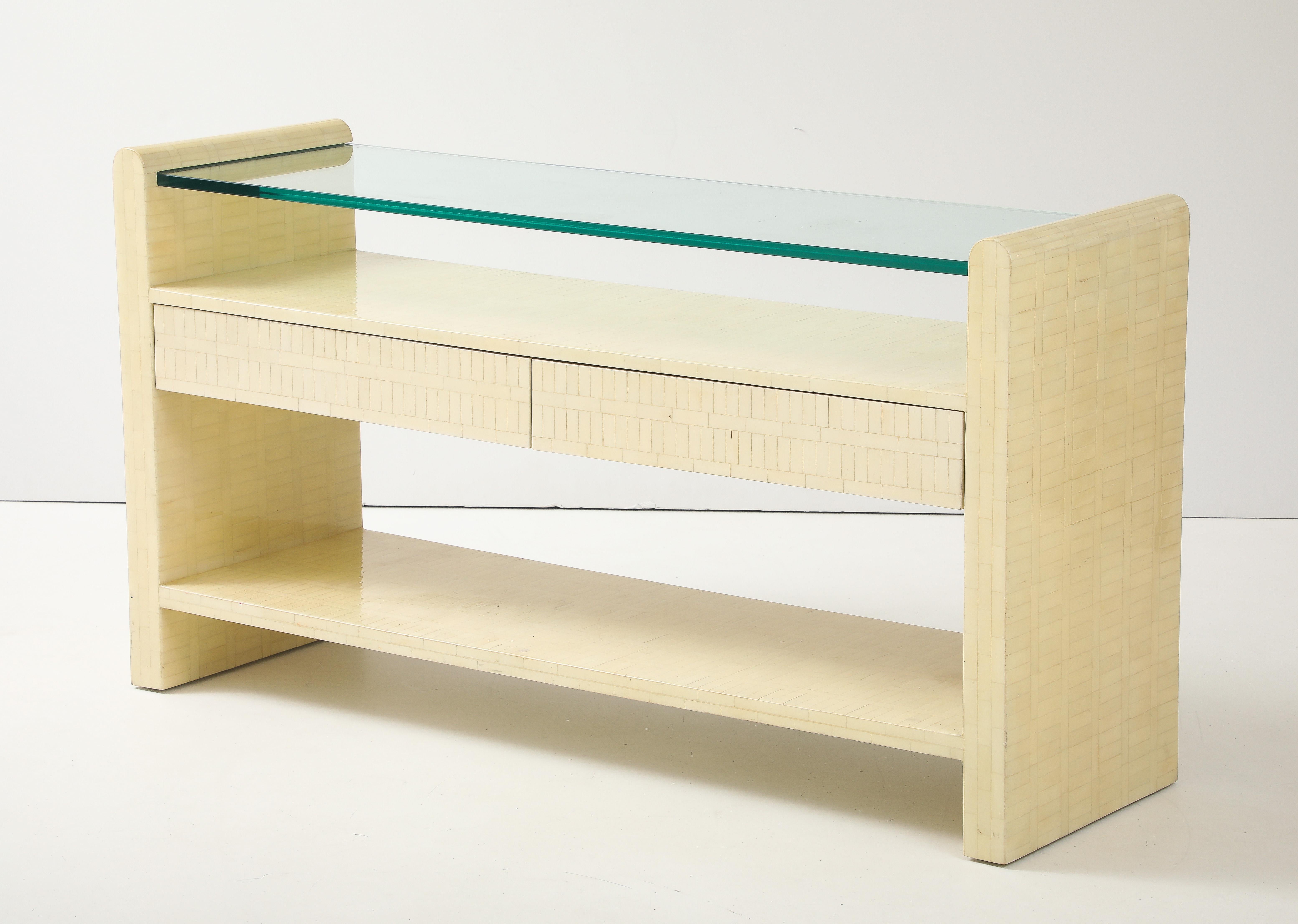 Mid-Century Modern 1980's Ivory Colored Tessellated Bone Console Table For Sale