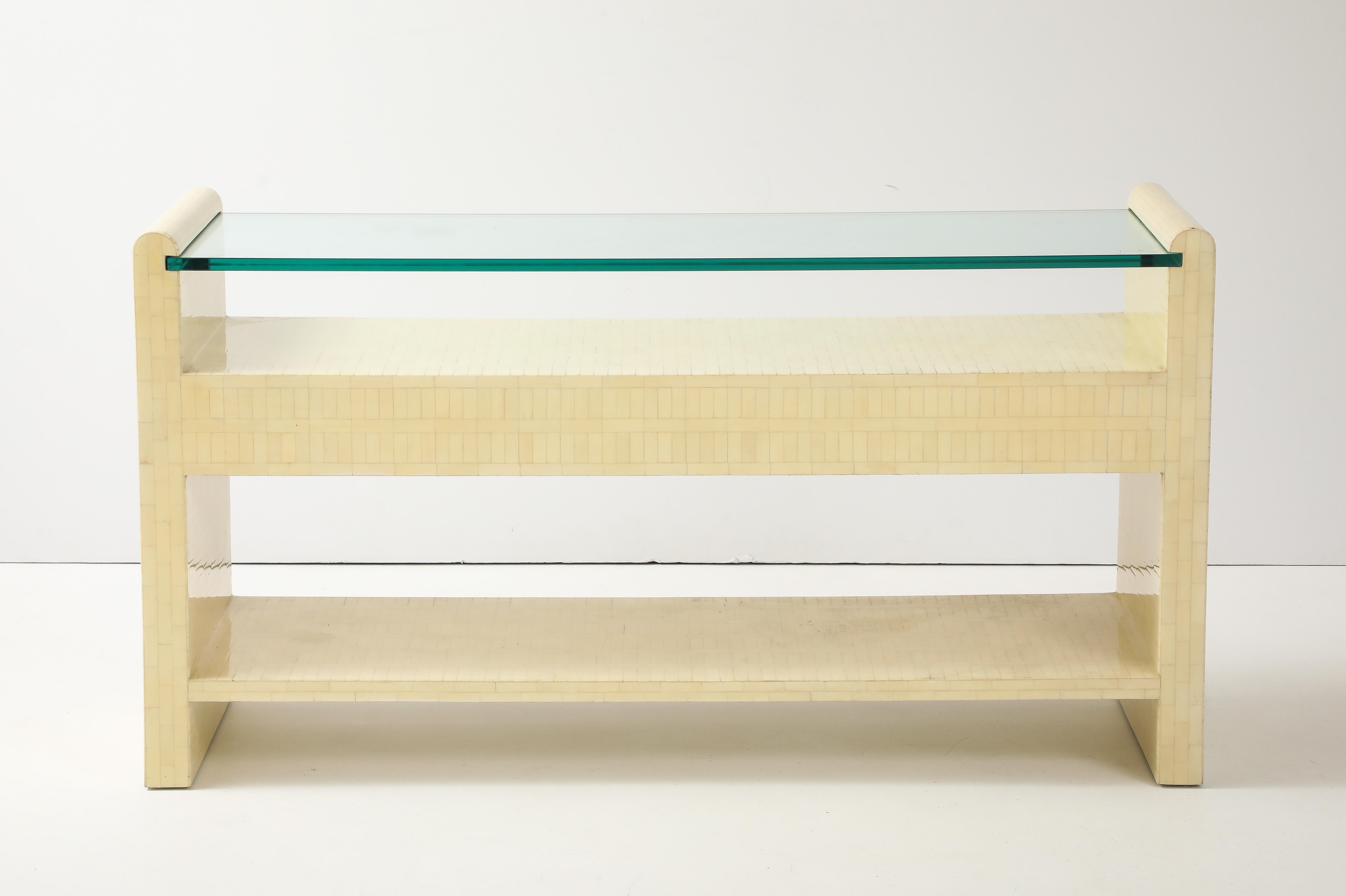 Hand-Crafted 1980's Ivory Colored Tessellated Bone Console Table For Sale