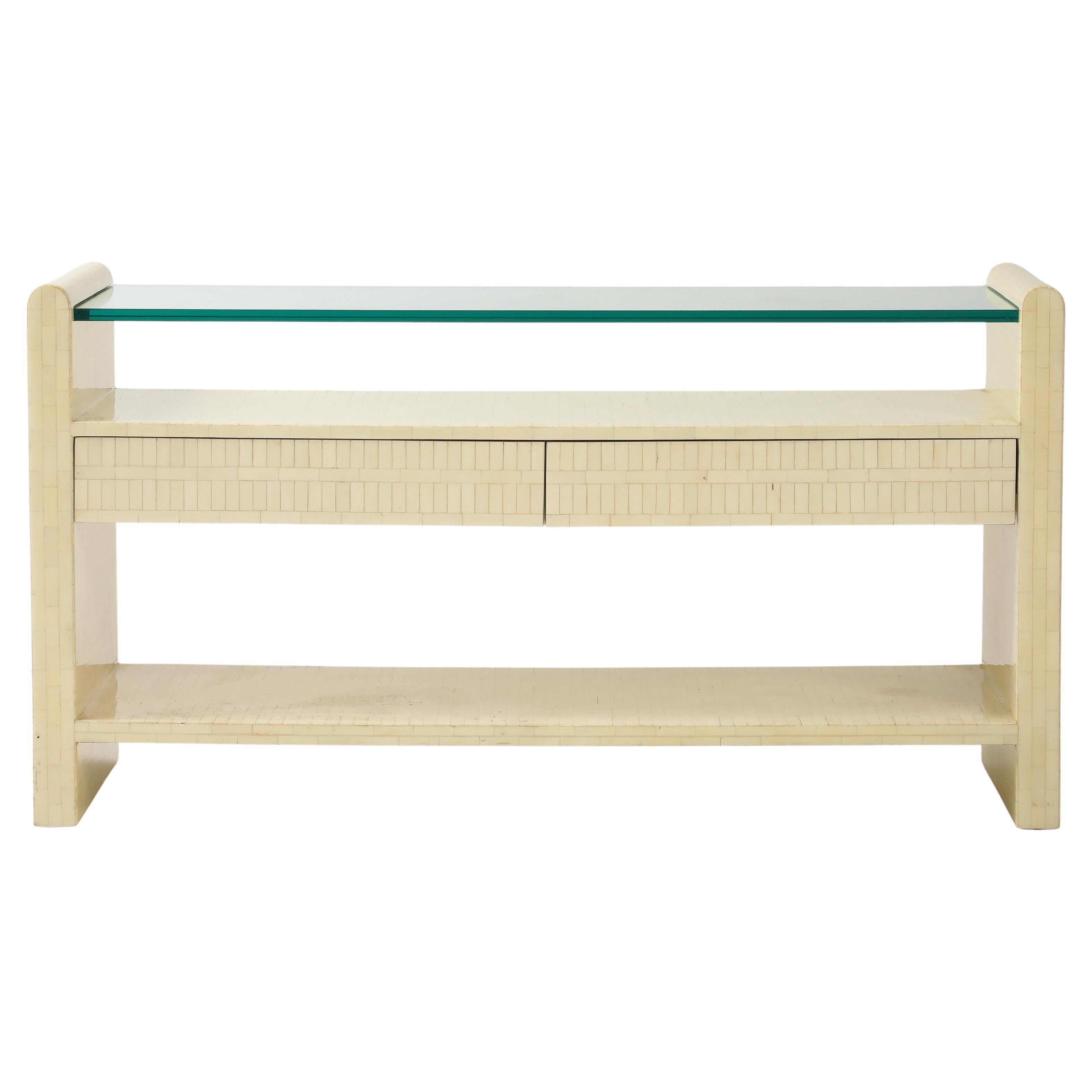 1980's Ivory Colored Tessellated Bone Console Table For Sale