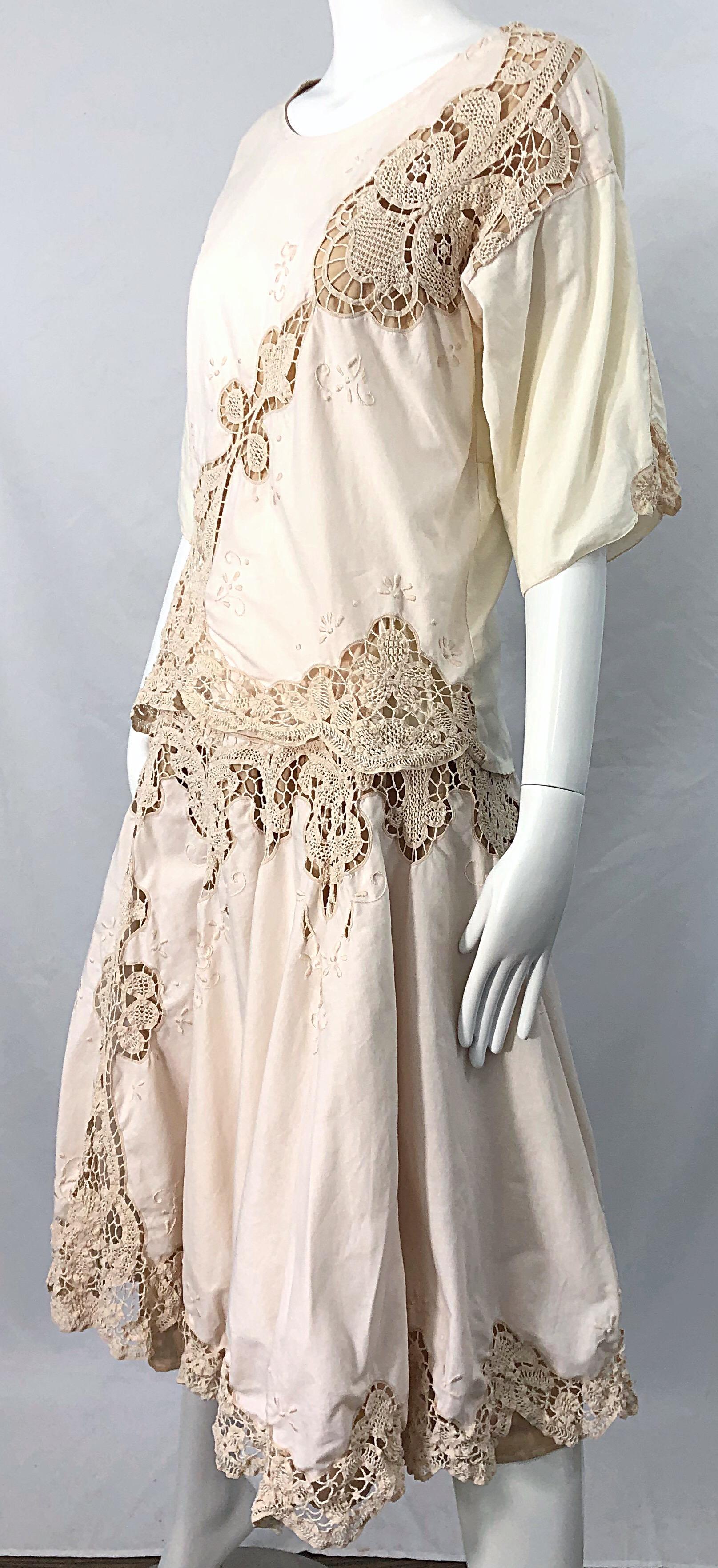 1980s Ivory Cotton Crochet Boho Shirt / Skirt Vintage 80s Dress Ensemble Set 5