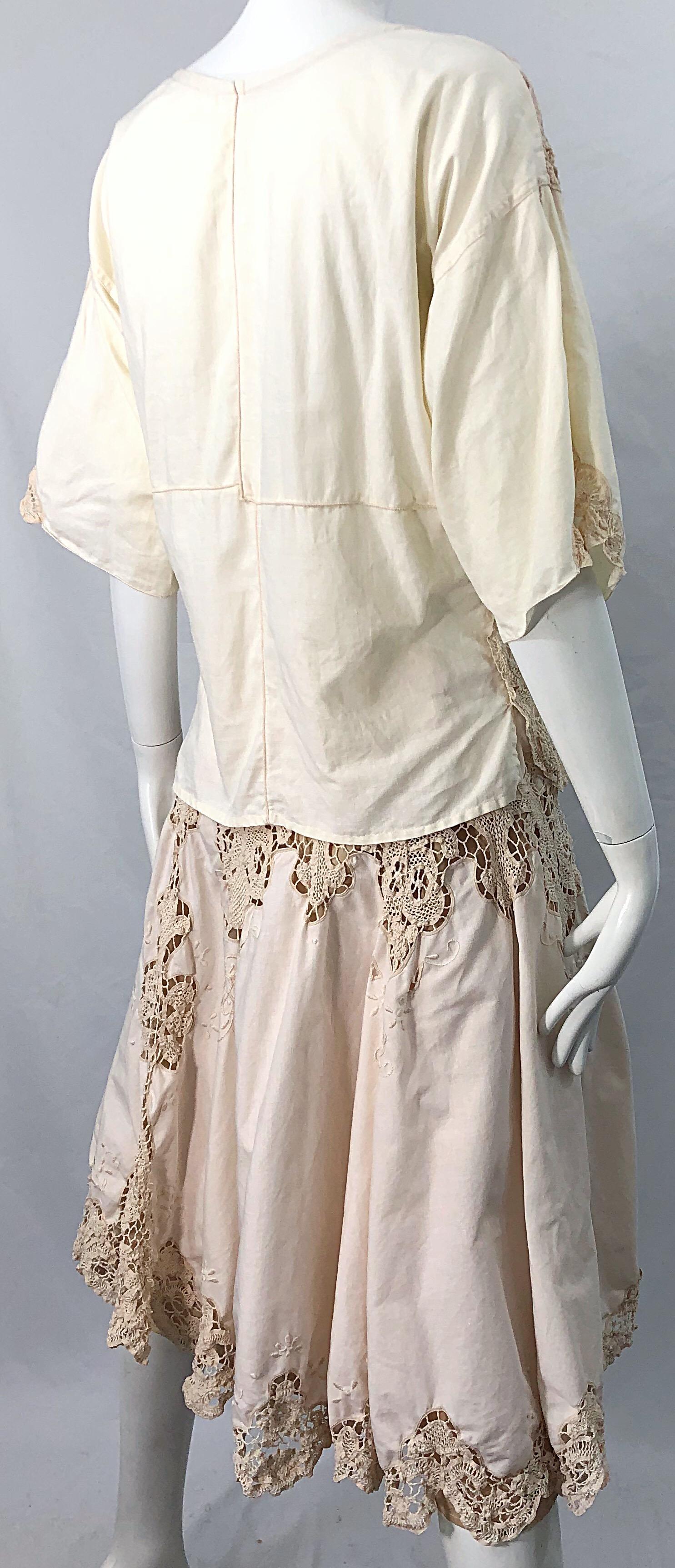 1980s Ivory Cotton Crochet Boho Shirt / Skirt Vintage 80s Dress Ensemble Set 6