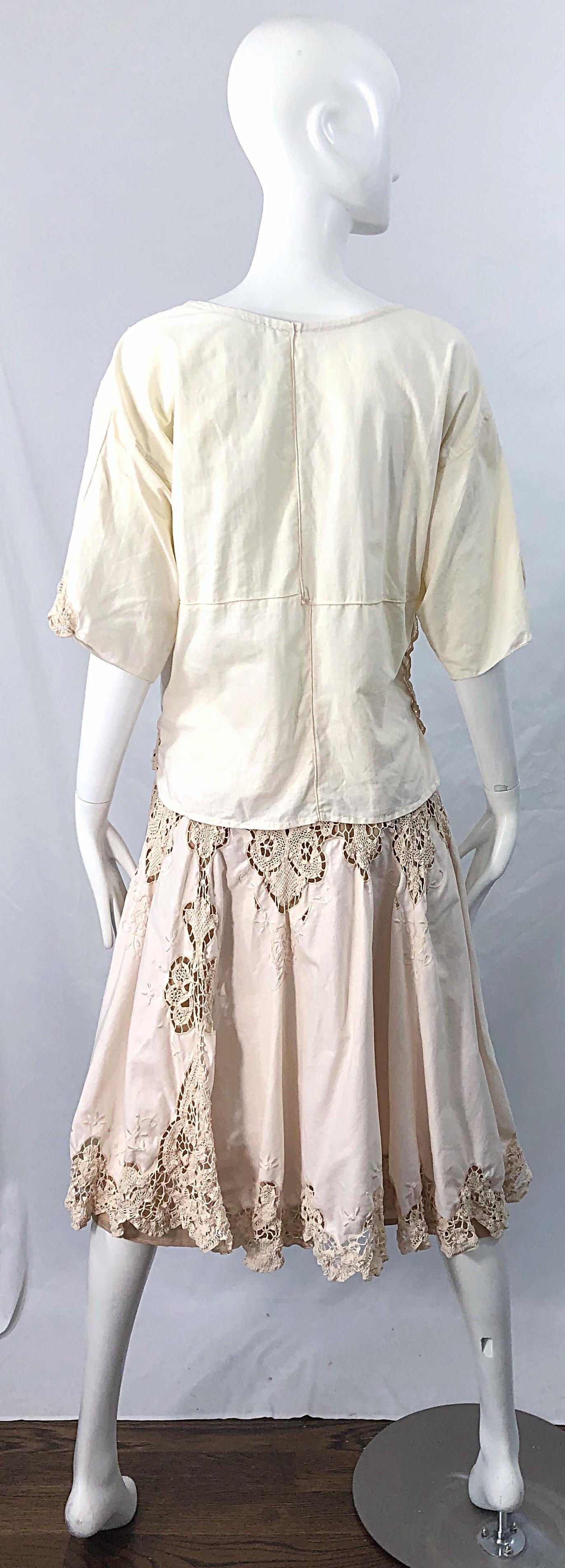 1980s Ivory Cotton Crochet Boho Shirt / Skirt Vintage 80s Dress Ensemble Set 8