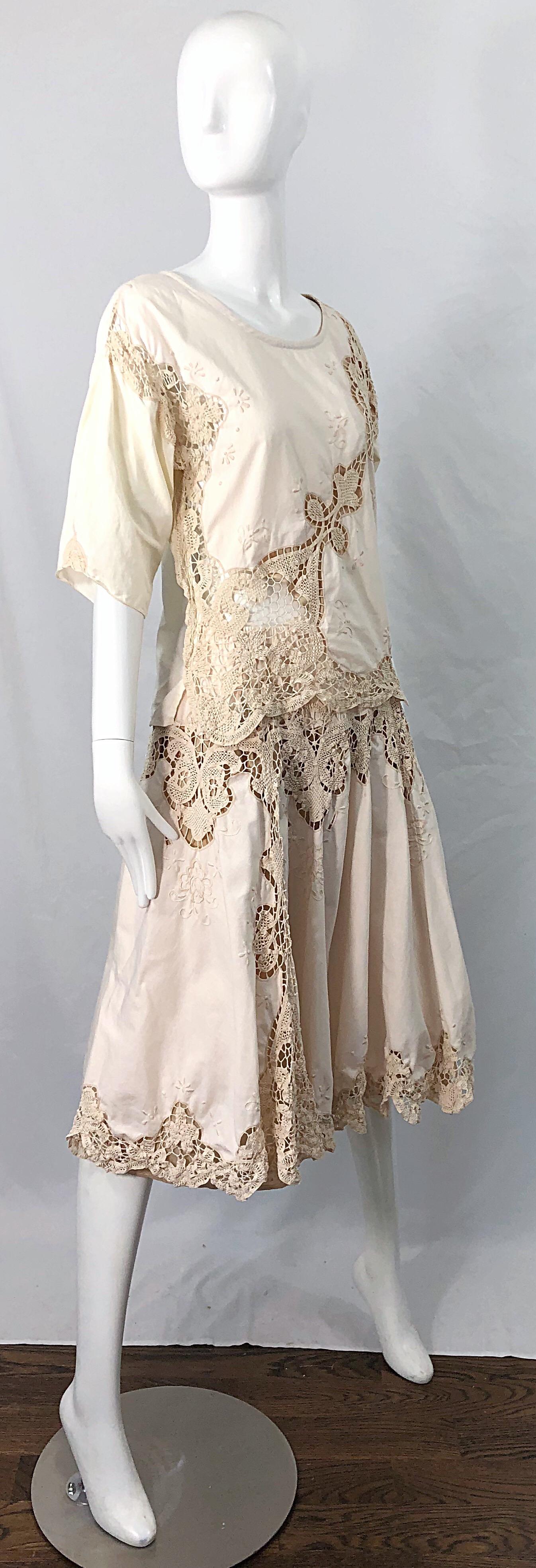 1980s Ivory Cotton Crochet Boho Shirt / Skirt Vintage 80s Dress Ensemble Set 9