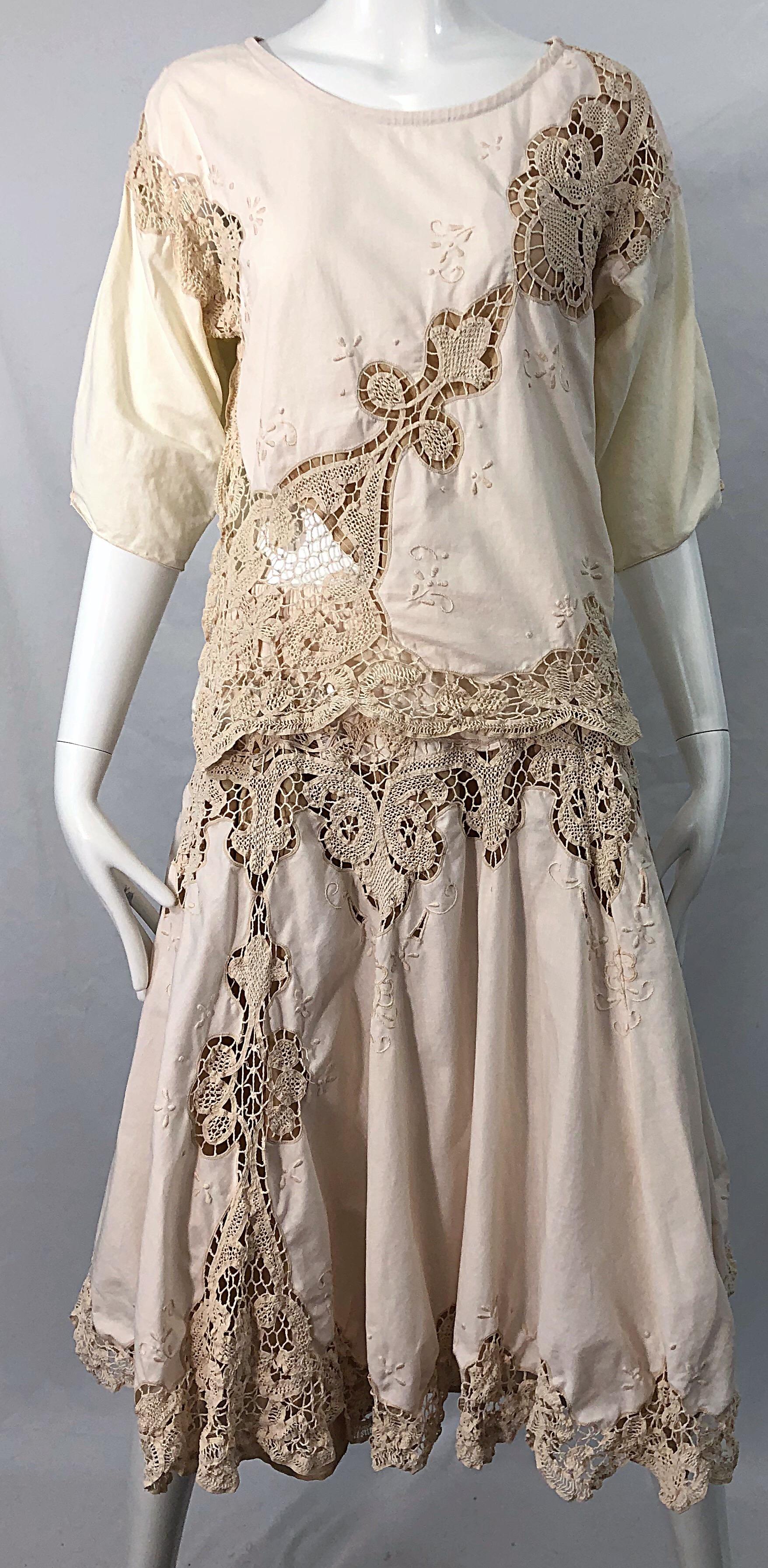 1980s Ivory Cotton Crochet Boho Shirt / Skirt Vintage 80s Dress Ensemble Set 10