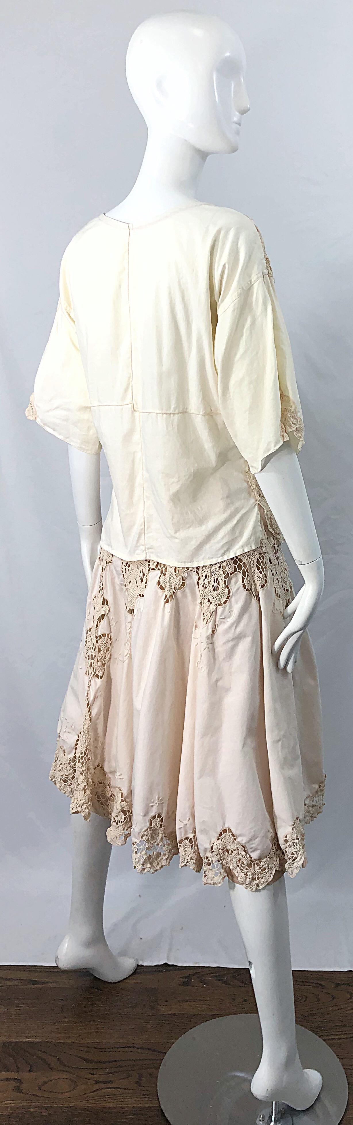 Beige 1980s Ivory Cotton Crochet Boho Shirt / Skirt Vintage 80s Dress Ensemble Set