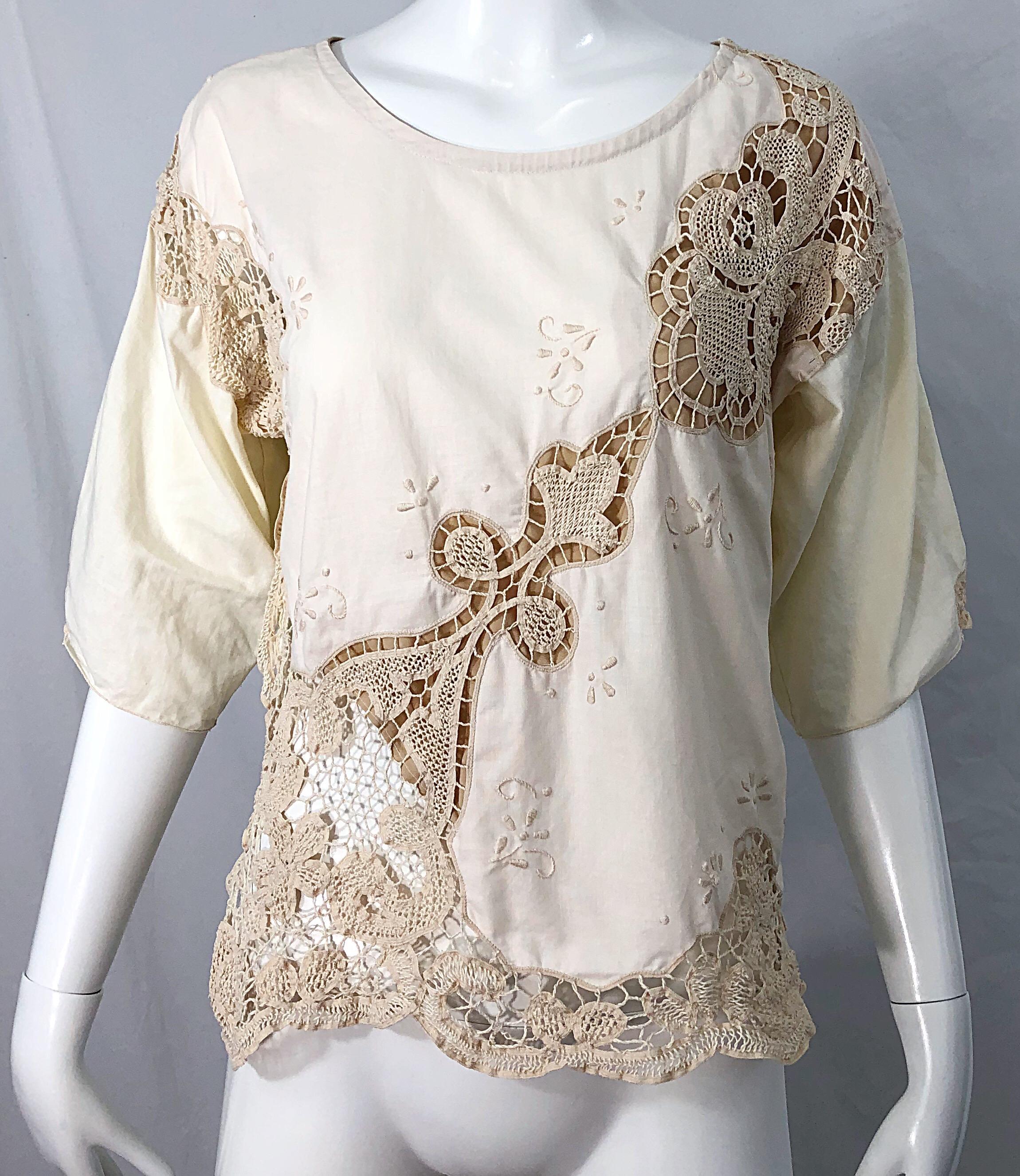 Women's 1980s Ivory Cotton Crochet Boho Shirt / Skirt Vintage 80s Dress Ensemble Set