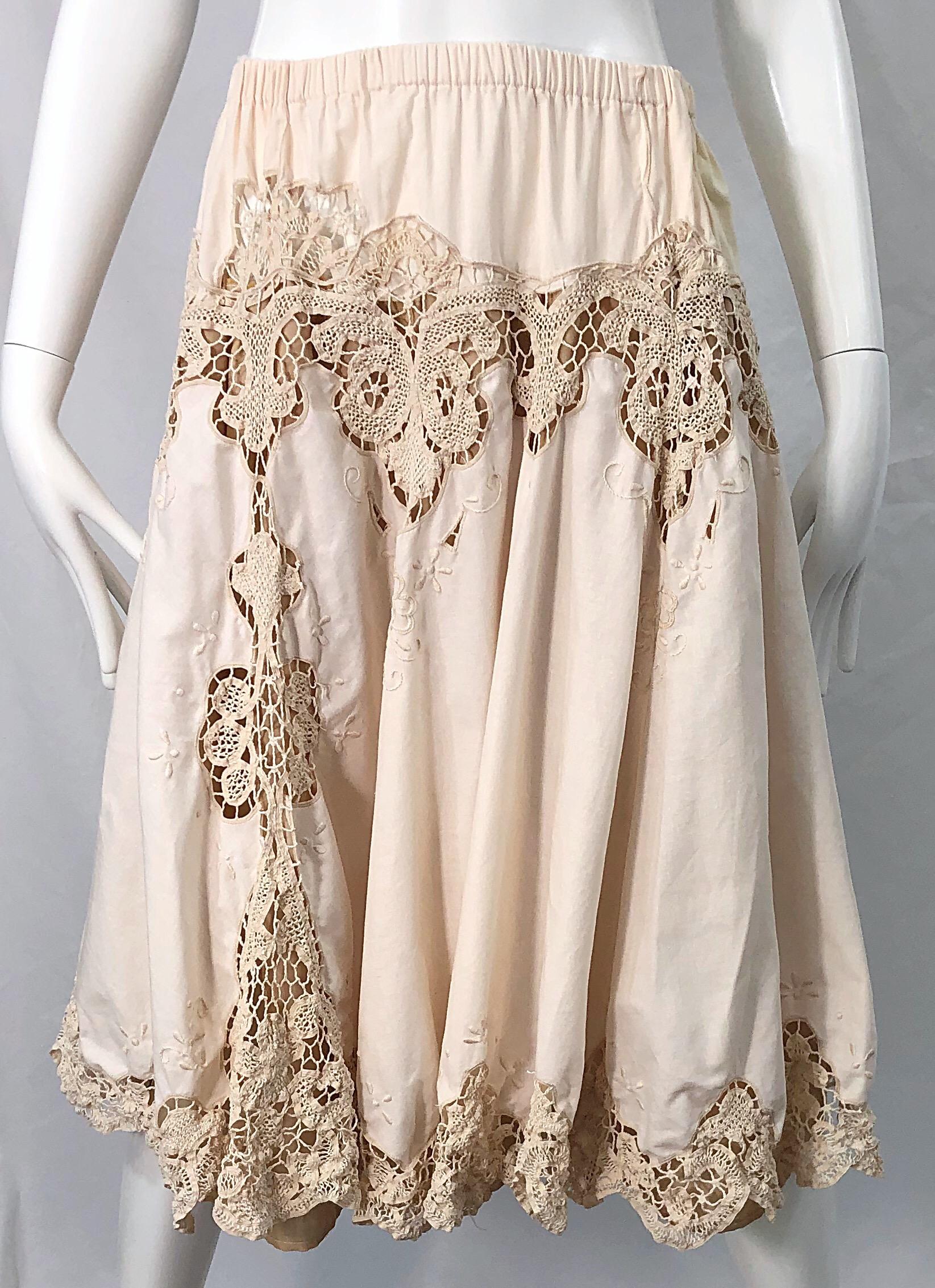 1980s Ivory Cotton Crochet Boho Shirt / Skirt Vintage 80s Dress Ensemble Set 1