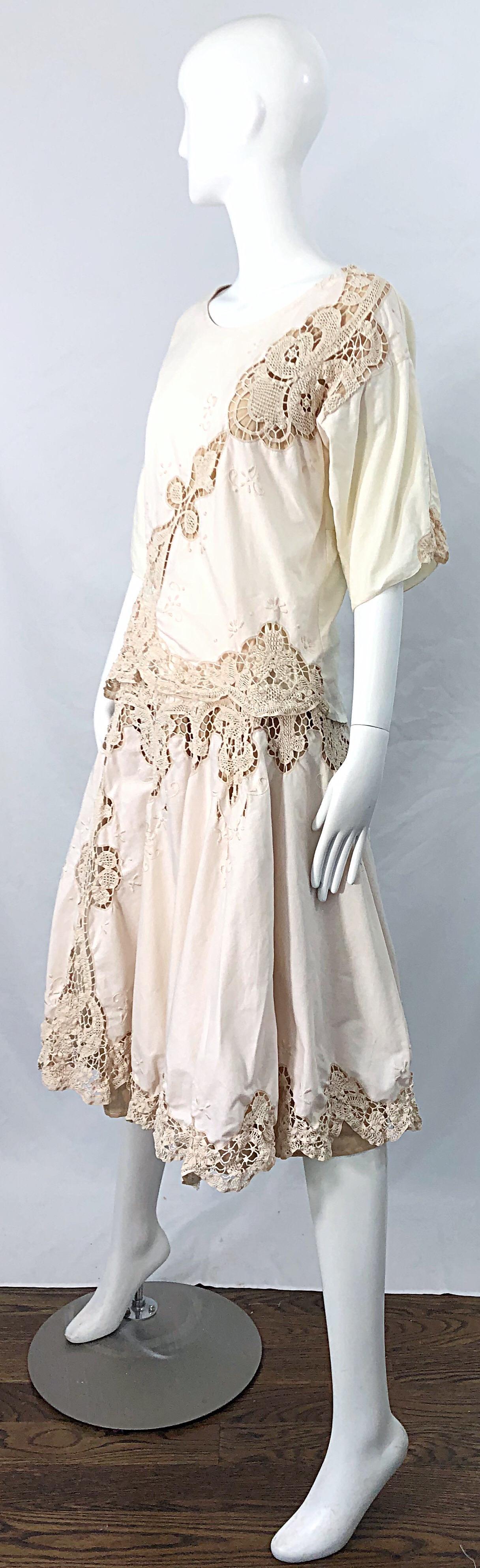 1980s Ivory Cotton Crochet Boho Shirt / Skirt Vintage 80s Dress Ensemble Set 2