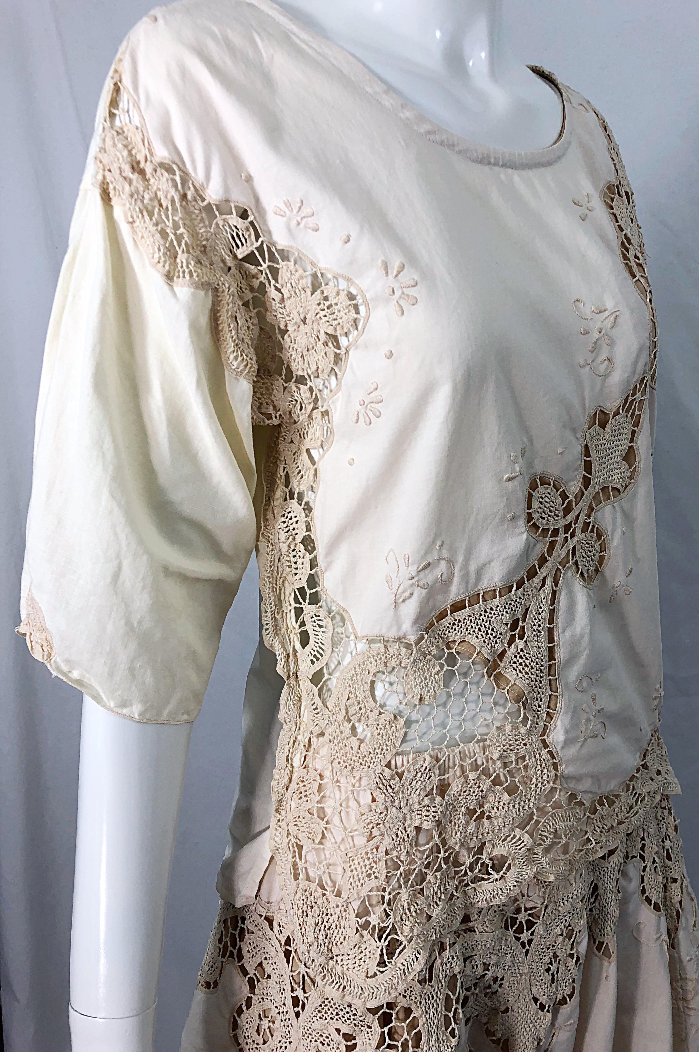 1980s Ivory Cotton Crochet Boho Shirt / Skirt Vintage 80s Dress Ensemble Set 3