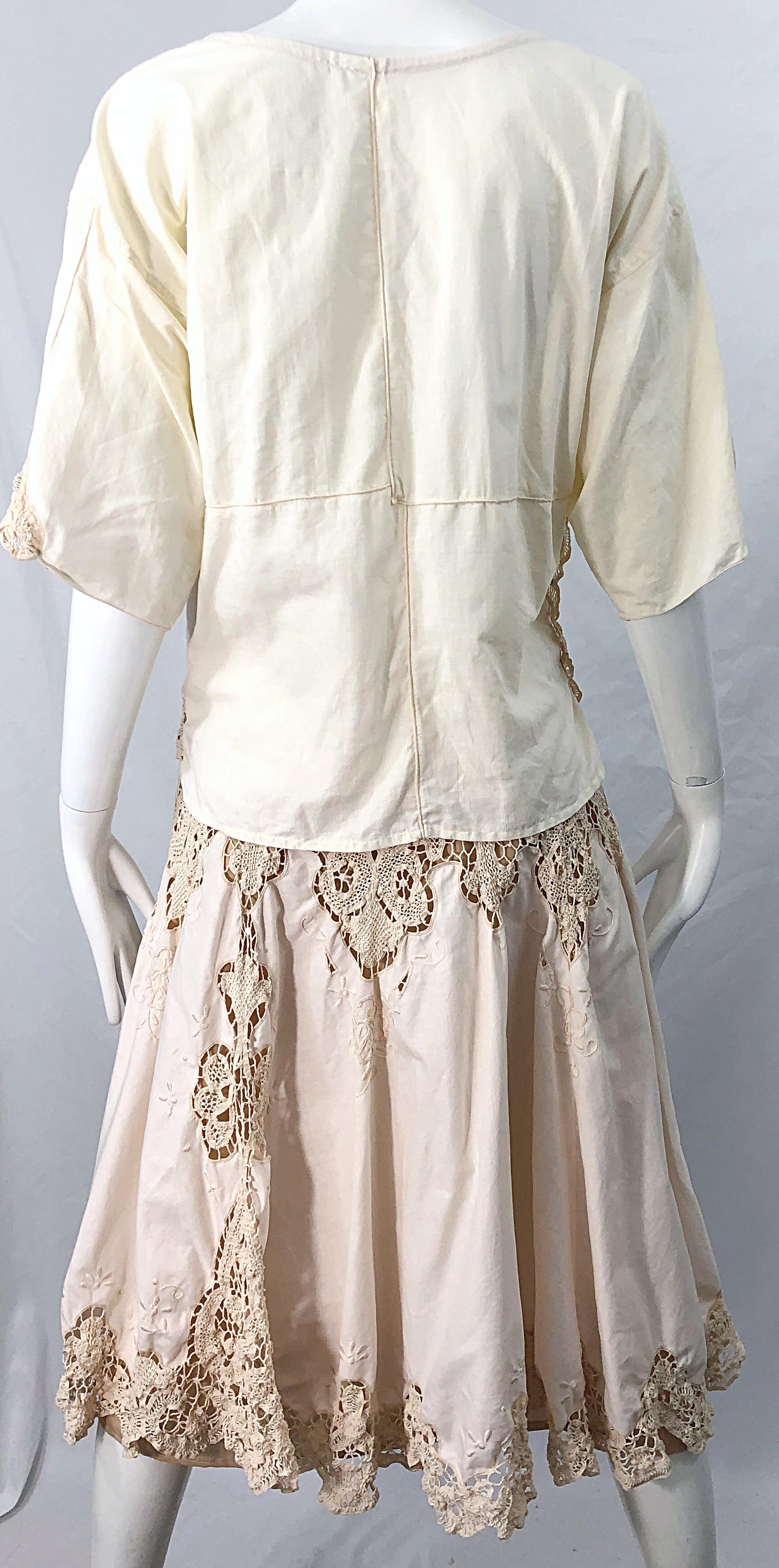 1980s Ivory Cotton Crochet Boho Shirt / Skirt Vintage 80s Dress Ensemble Set 4