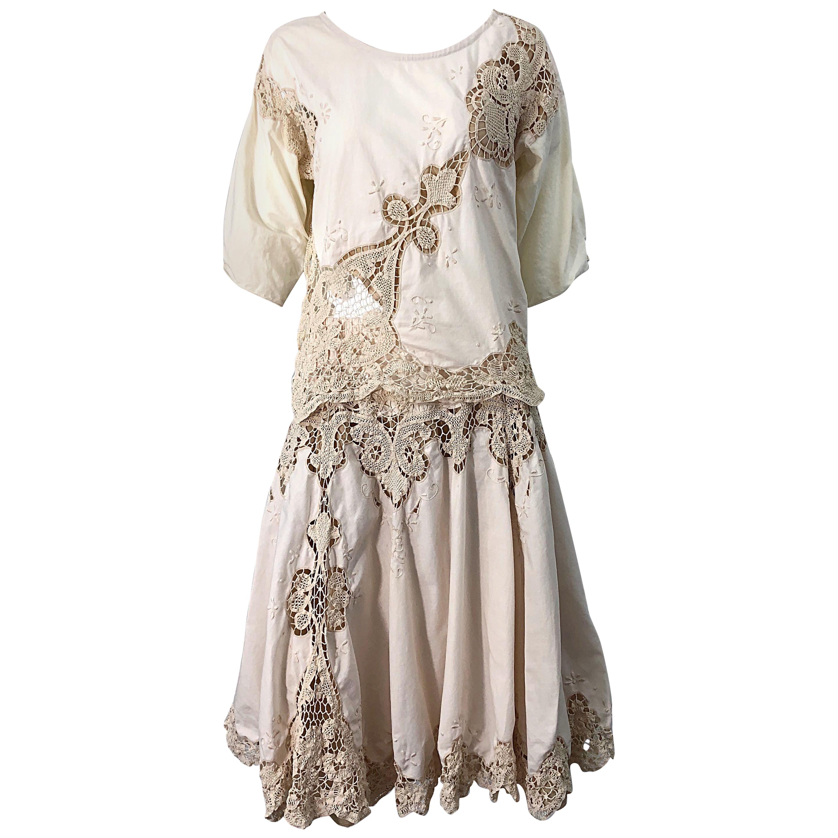1980s Ivory Cotton Crochet Boho Shirt / Skirt Vintage 80s Dress Ensemble Set