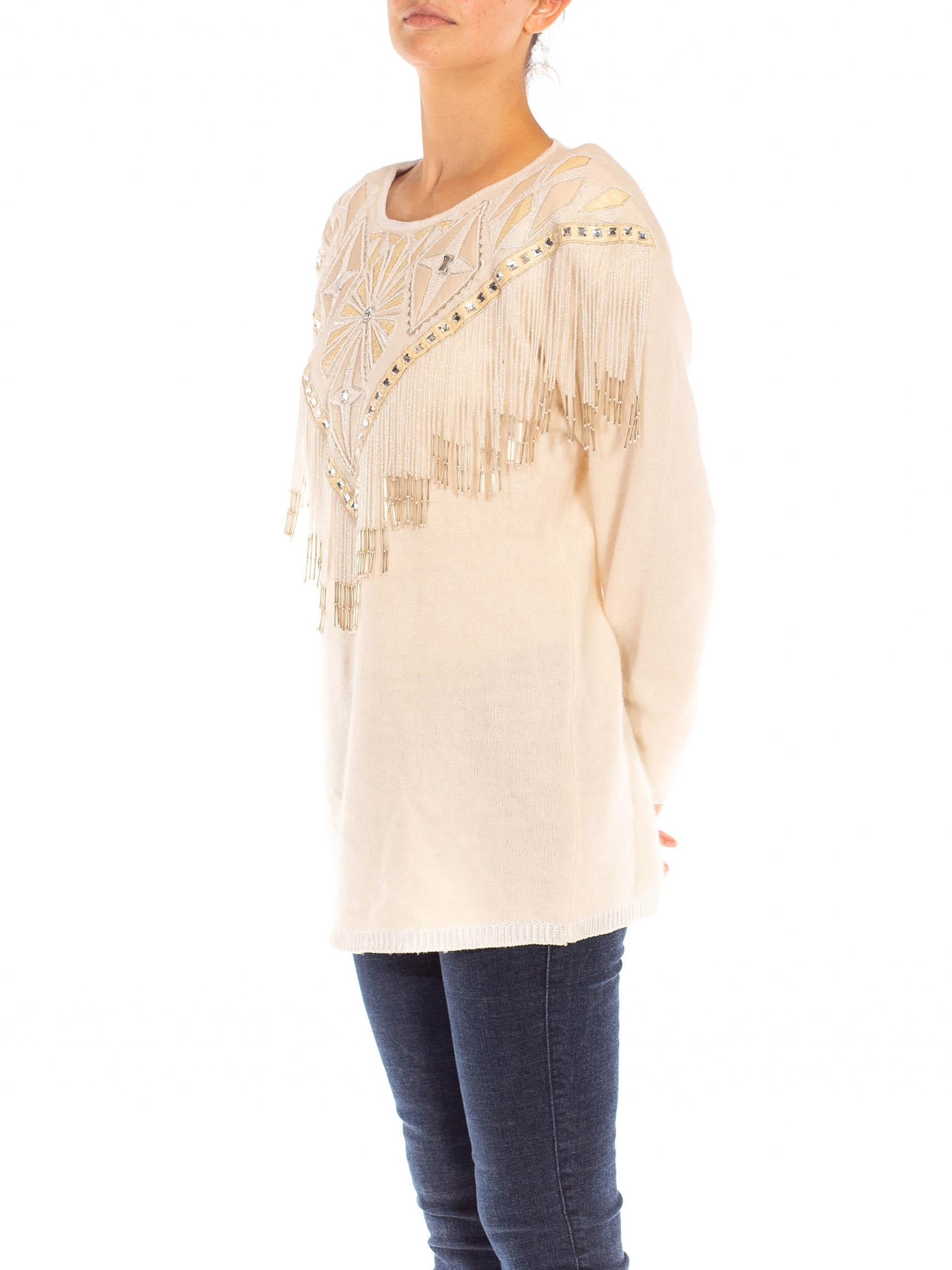 1980S Ivory & Tan Angora Lamb Wool Sweater With Western Style Leather Beaded Appliqué