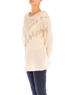 1980S Ivory & Tan Angora Lamb Wool Sweater With Western Style Leather Beaded Ap