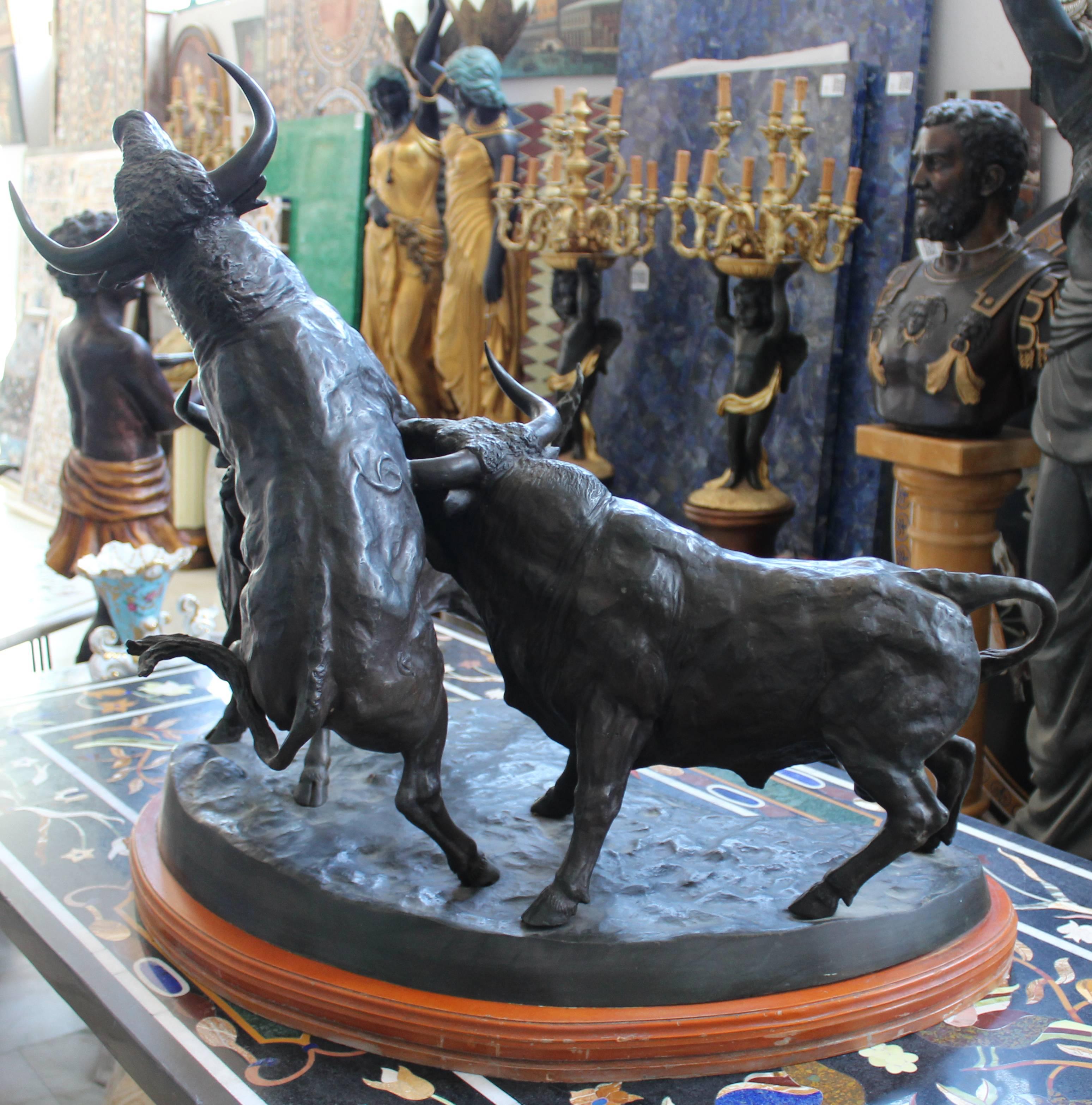 1980s J. Cuevas Three Fighting Bulls Bronze Sculpture 1