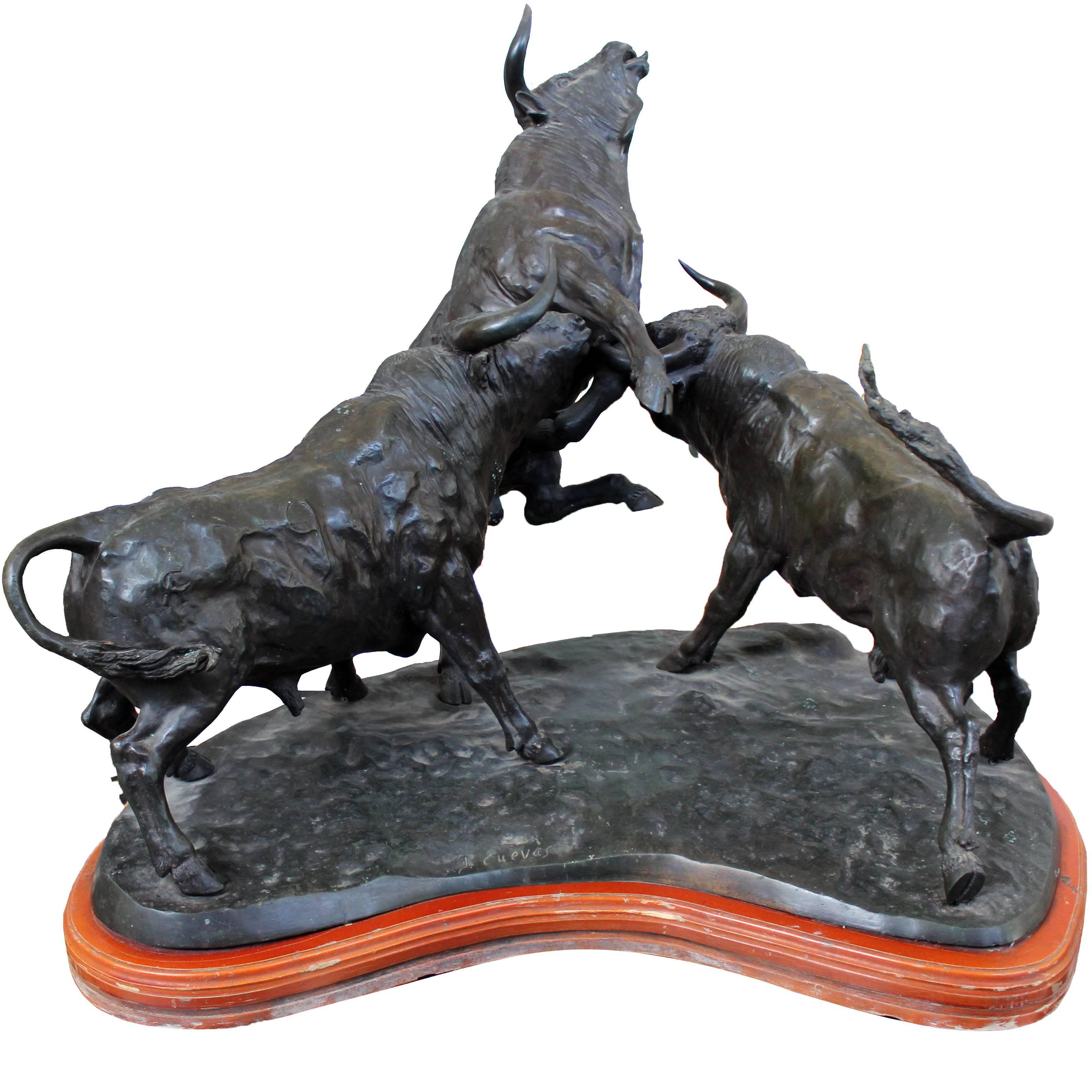 1980s J. Cuevas Three Fighting Bulls Bronze Sculpture