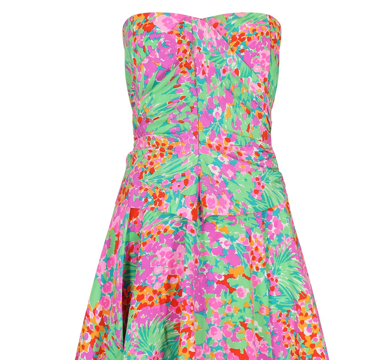 1980s J. Tiktiner French Silk Floral Strapless Dress In Excellent Condition For Sale In London, GB