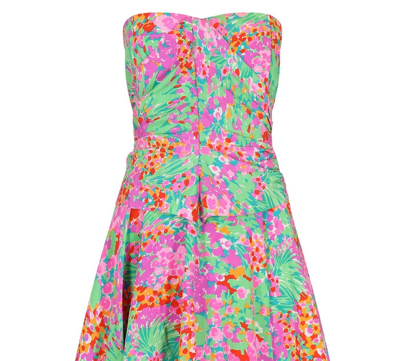 1980s J. Tiktiner French Silk Floral Strapless Dress For Sale at 1stDibs