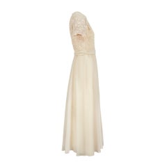 1980s Jack Bryan Cream Georgette Dress with Beaded and Tulle Bodice