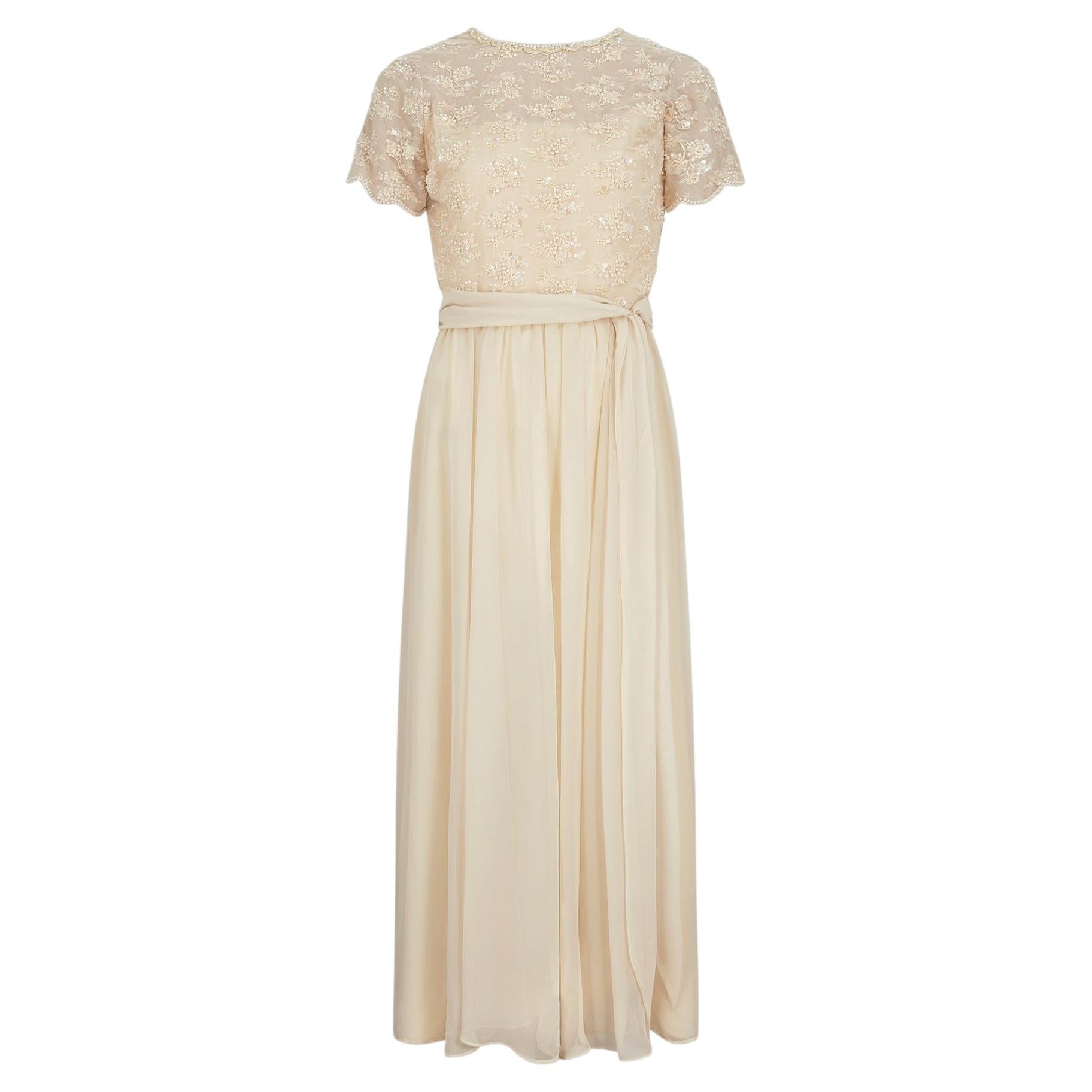 1980s Jack Bryan Cream Georgette Dress with Beaded and Tulle Bodice For Sale
