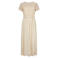 1980s Jack Bryan Cream Georgette Dress with Beaded and Tulle Bodice