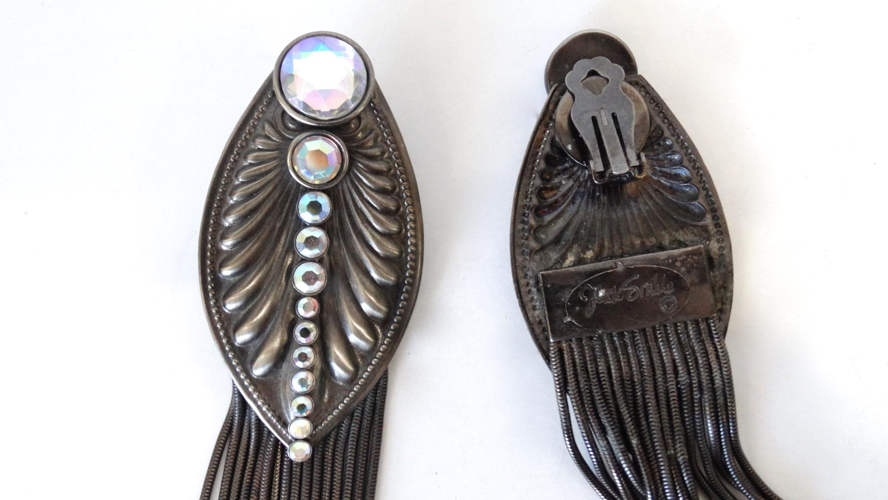 1980s Jack Smile Rhinestone and Metal Cord Earrings 1
