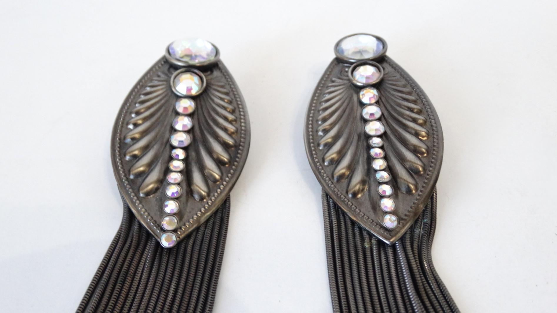 1980s Jack Smile Rhinestone and Metal Cord Earrings 4