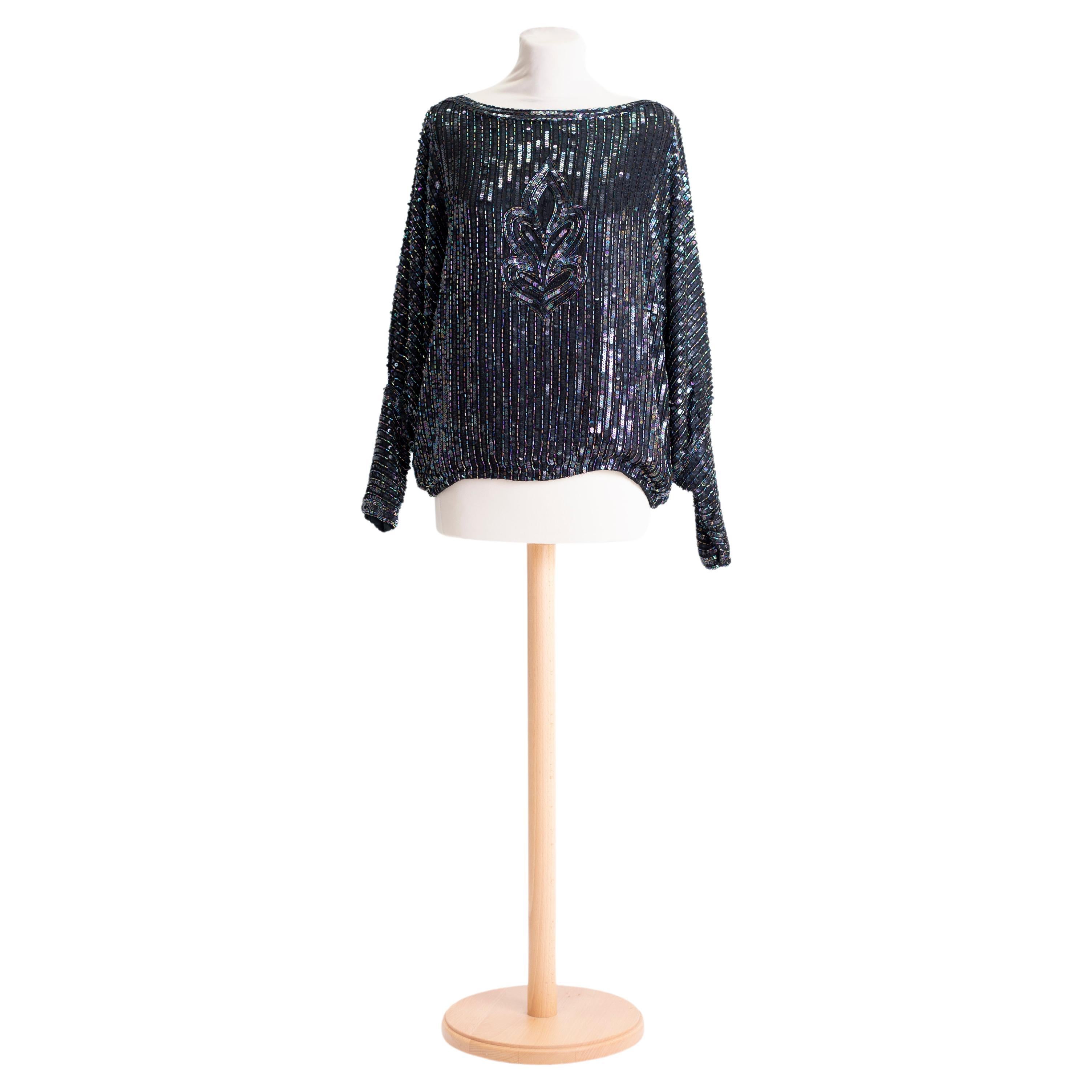 1980s Jack Taylor sequined and beaded silk top For Sale