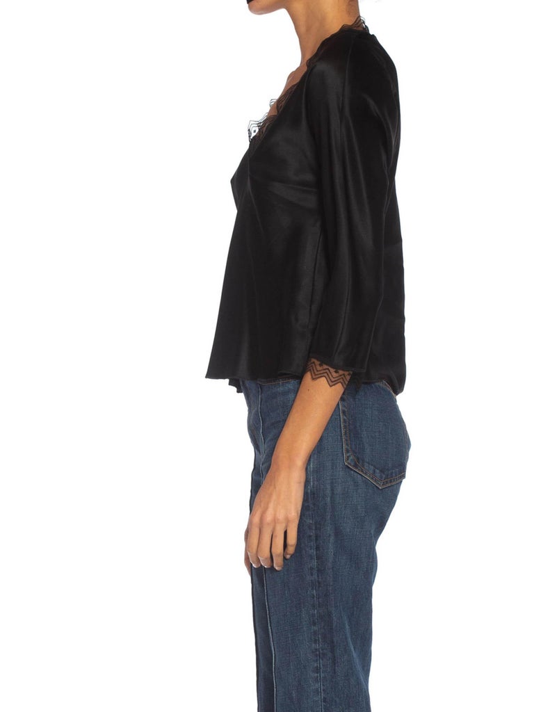 1980S JACKIE ROGERS Black Silk Charmeuse Lace Trimmed Blouse In Excellent Condition For Sale In New York, NY