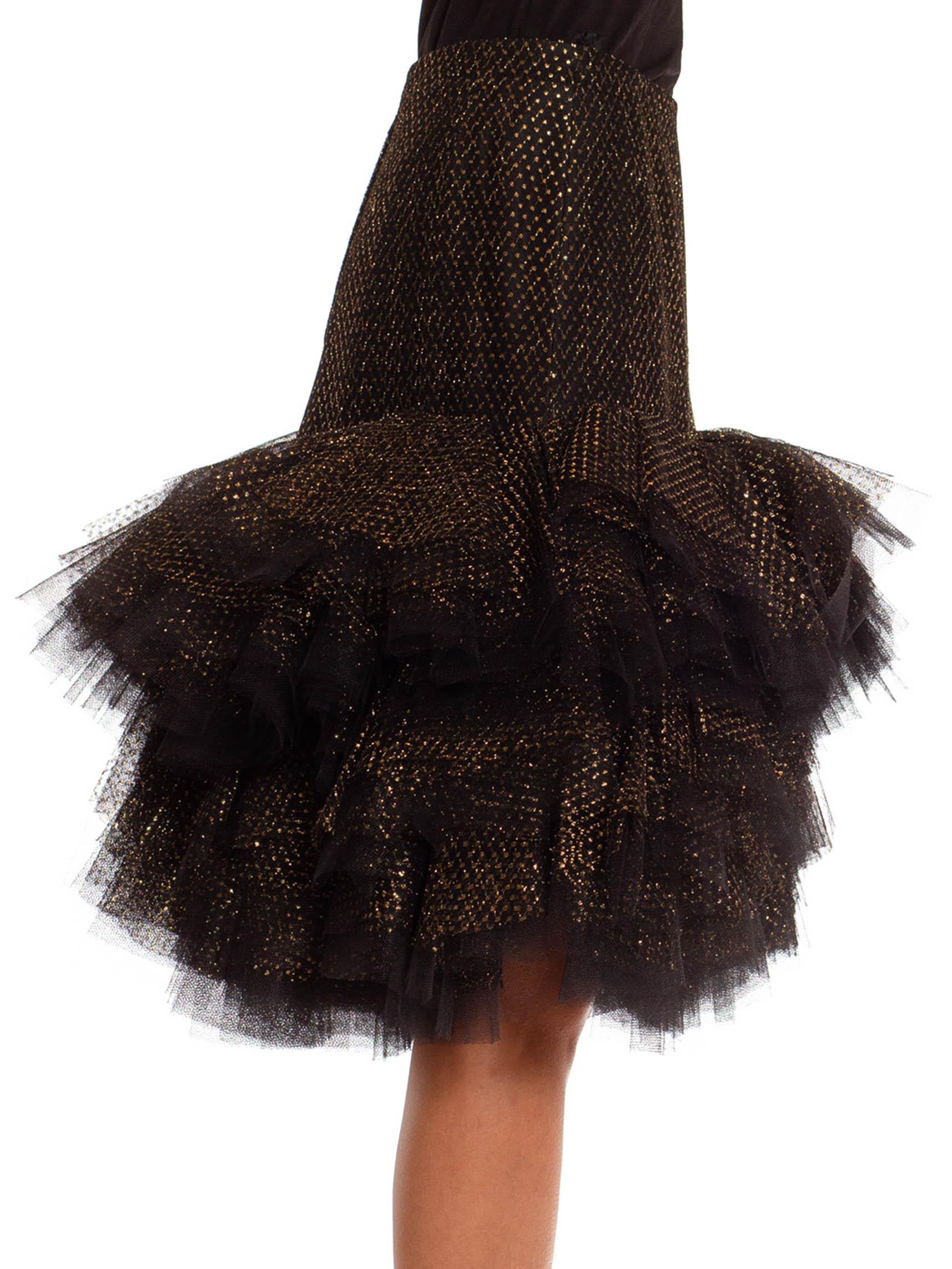 1980S Jacqueline De Ribes Black & Gold Tulle Tiered Polka Dot Skirt In Excellent Condition For Sale In New York, NY