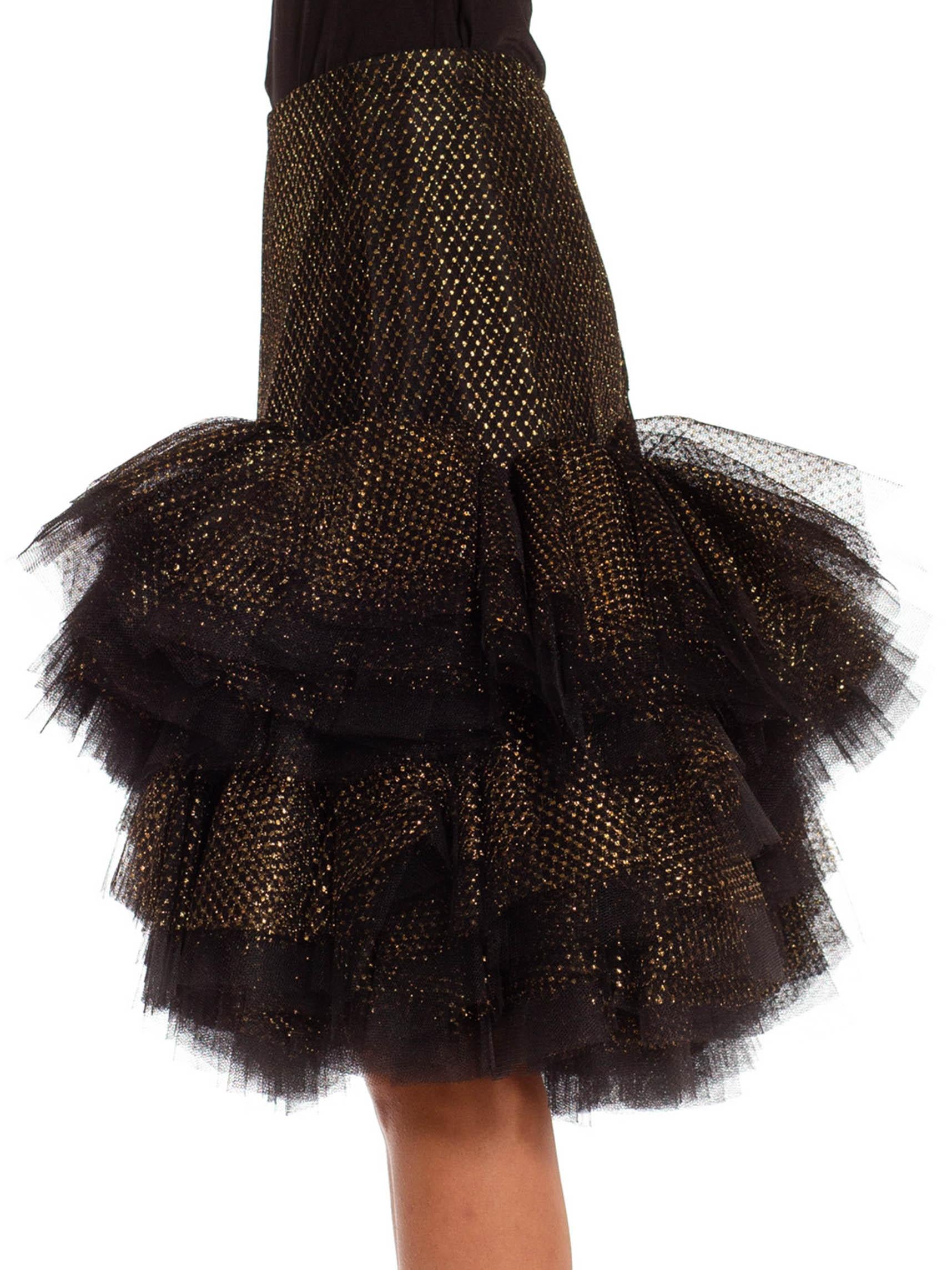 Women's 1980S JACQUELINE DE RIBES Black & Gold Tulle Tiered Polka Dot Skirt For Sale