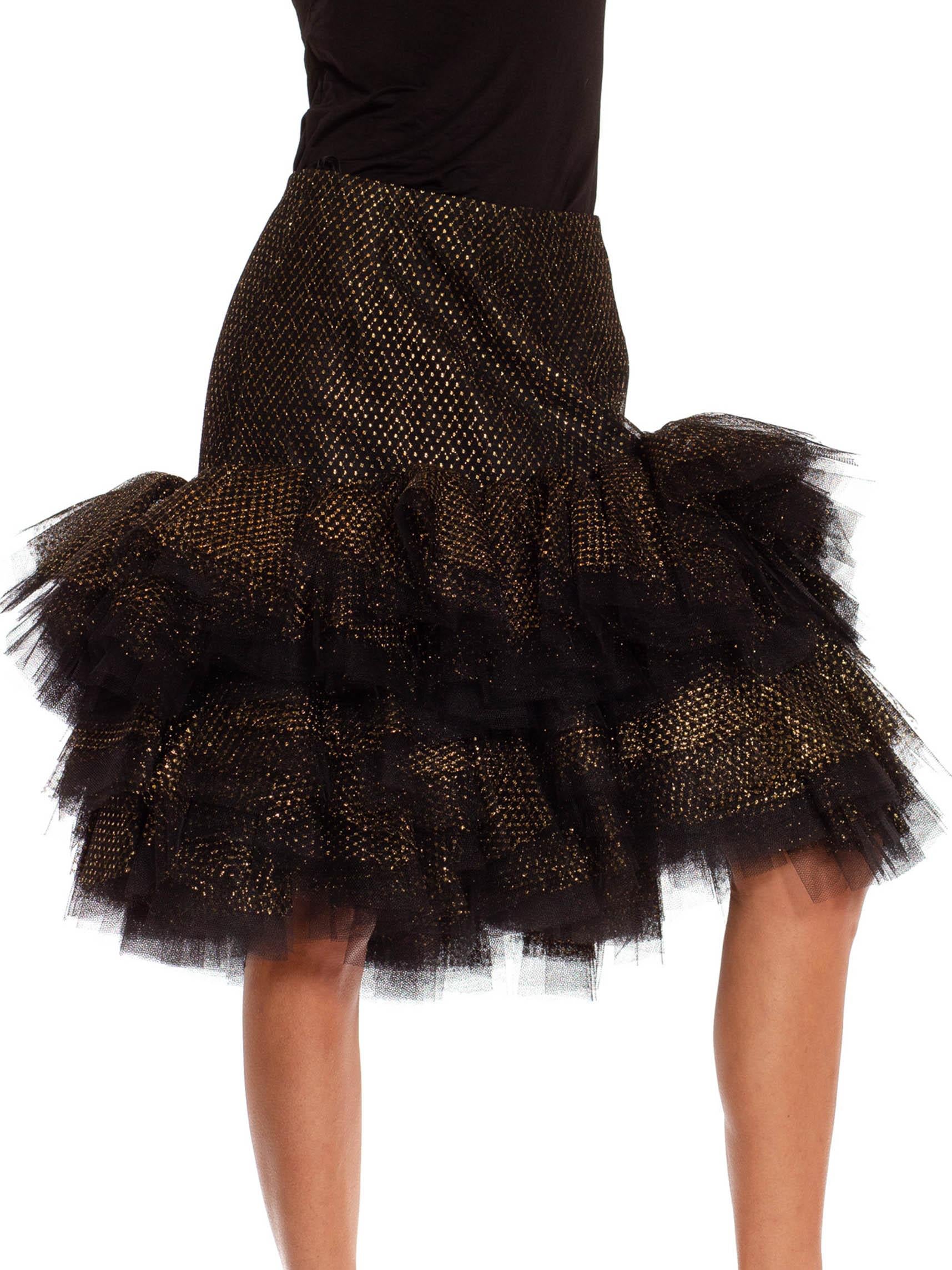 1980S Jacqueline De Ribes Black & Gold Tulle Tiered Polka Dot Skirt For Sale 2