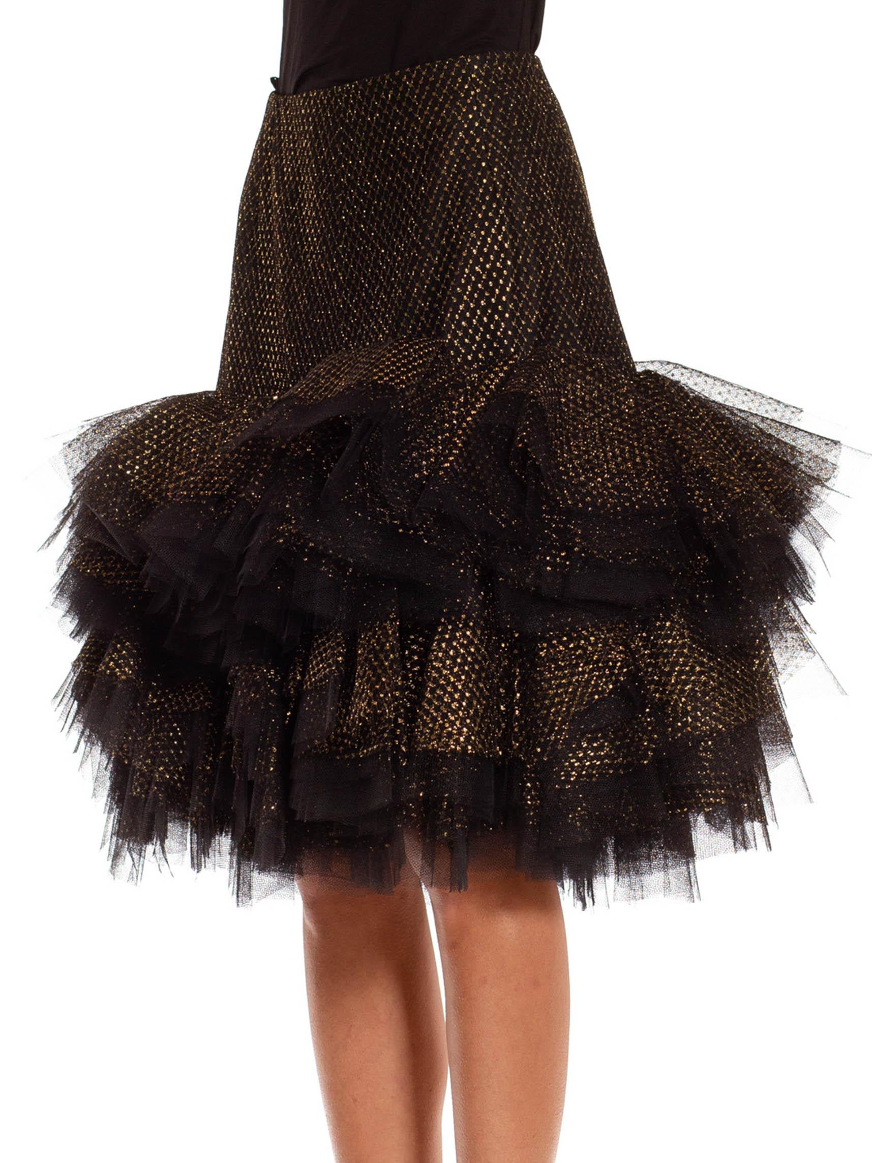 1980S Jacqueline De Ribes Black & Gold Tulle Tiered Polka Dot Skirt For Sale 3