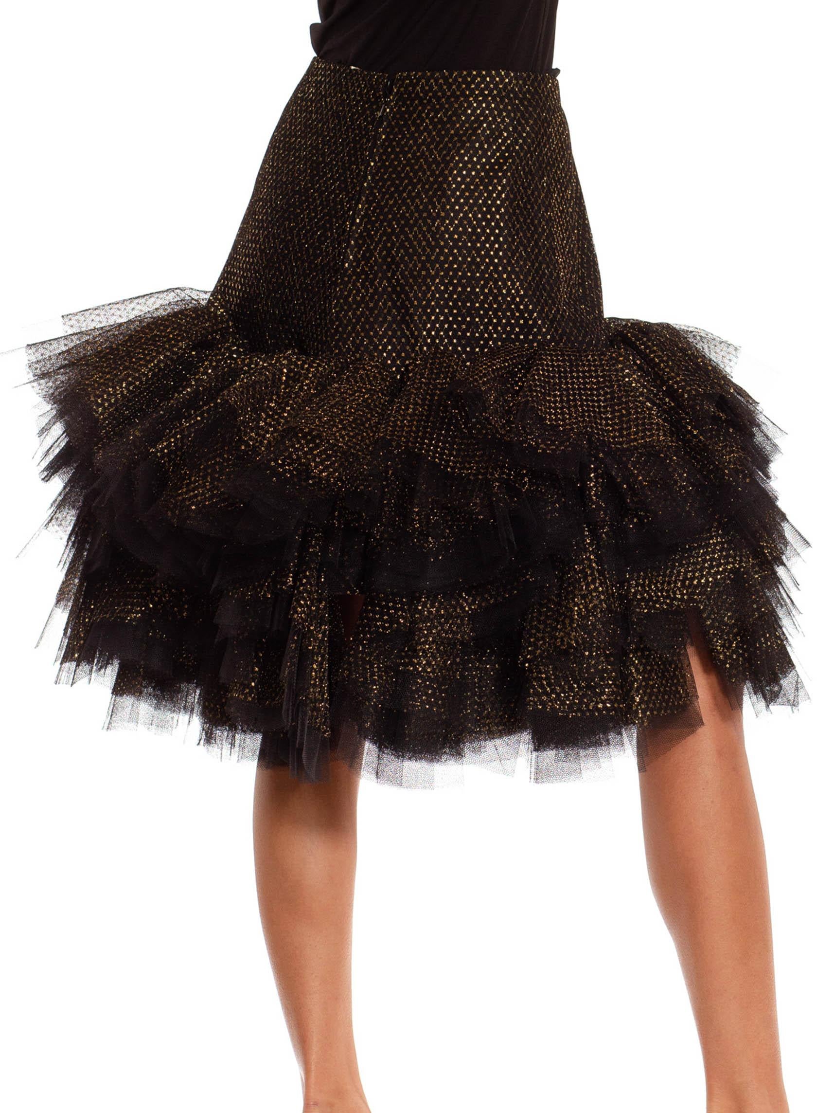 1980S Jacqueline De Ribes Black & Gold Tulle Tiered Polka Dot Skirt For Sale 4