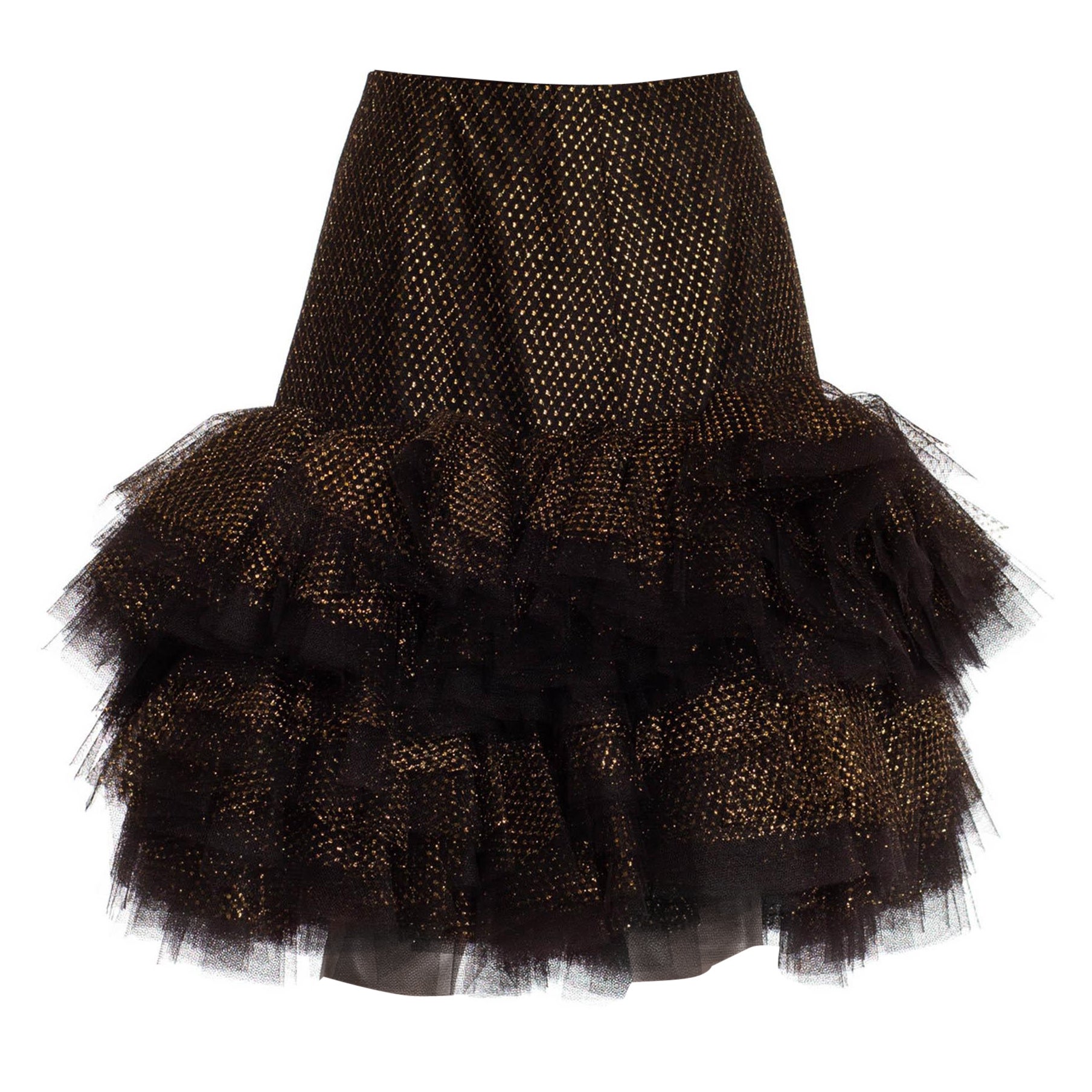 1980S JACQUELINE DE RIBES Falda de lunares con volantes de tul negro y dorado
