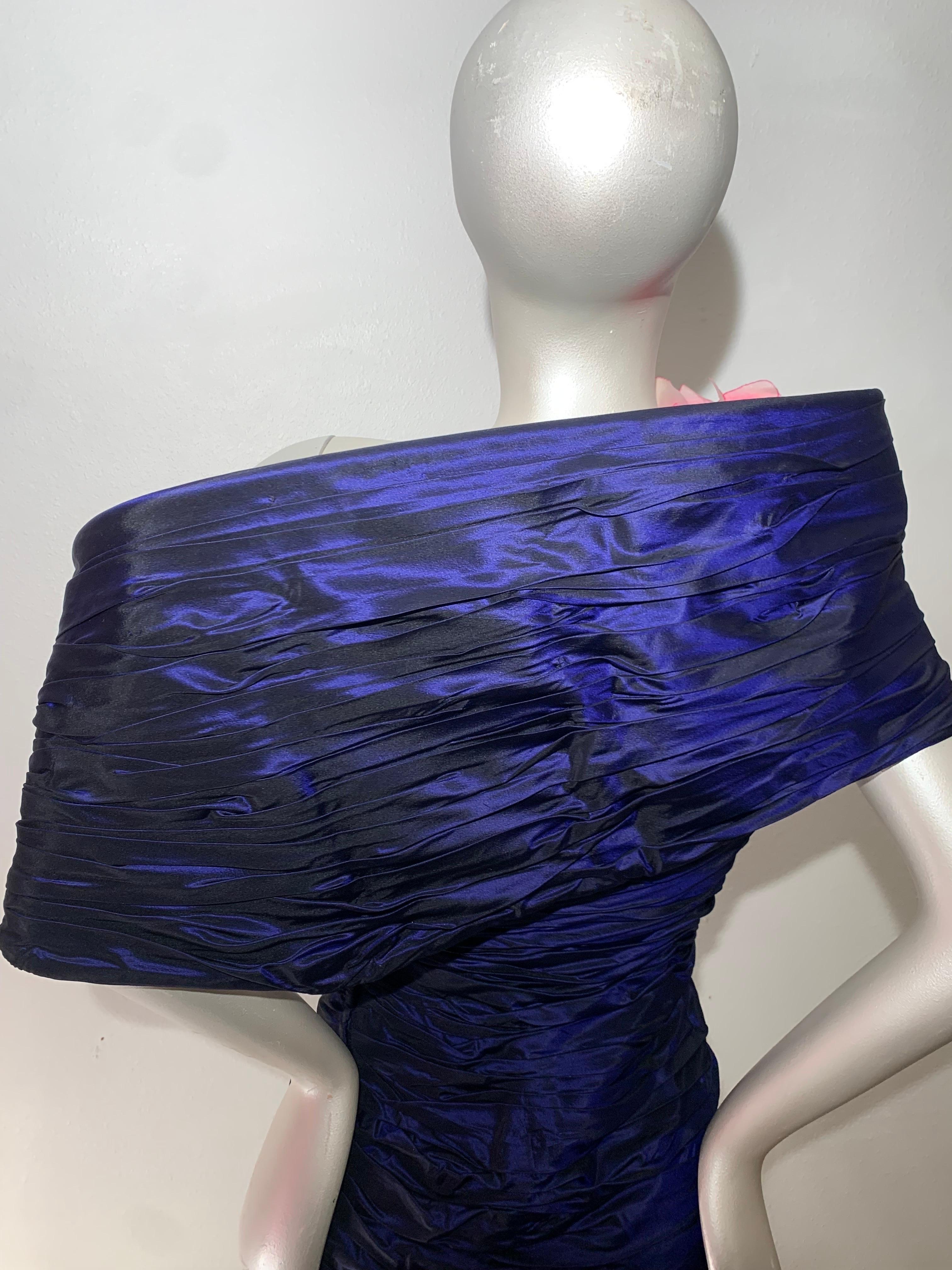 1980s Jacqueline de Ribes Deep Purple Taffeta One-Shoulder Cocktail Dress w Rose For Sale 5