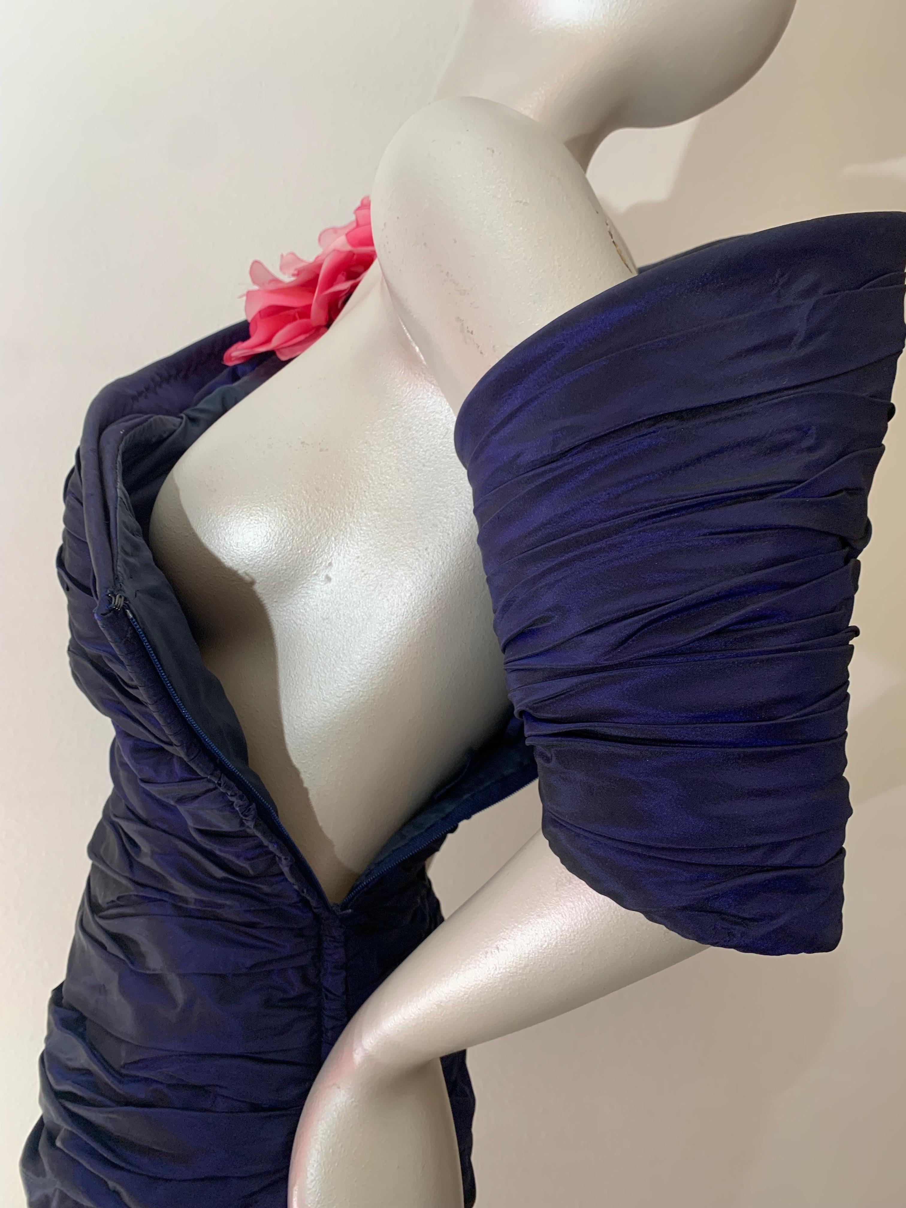 1980s Jacqueline de Ribes Deep Purple Taffeta One-Shoulder Cocktail Dress w Rose For Sale 7