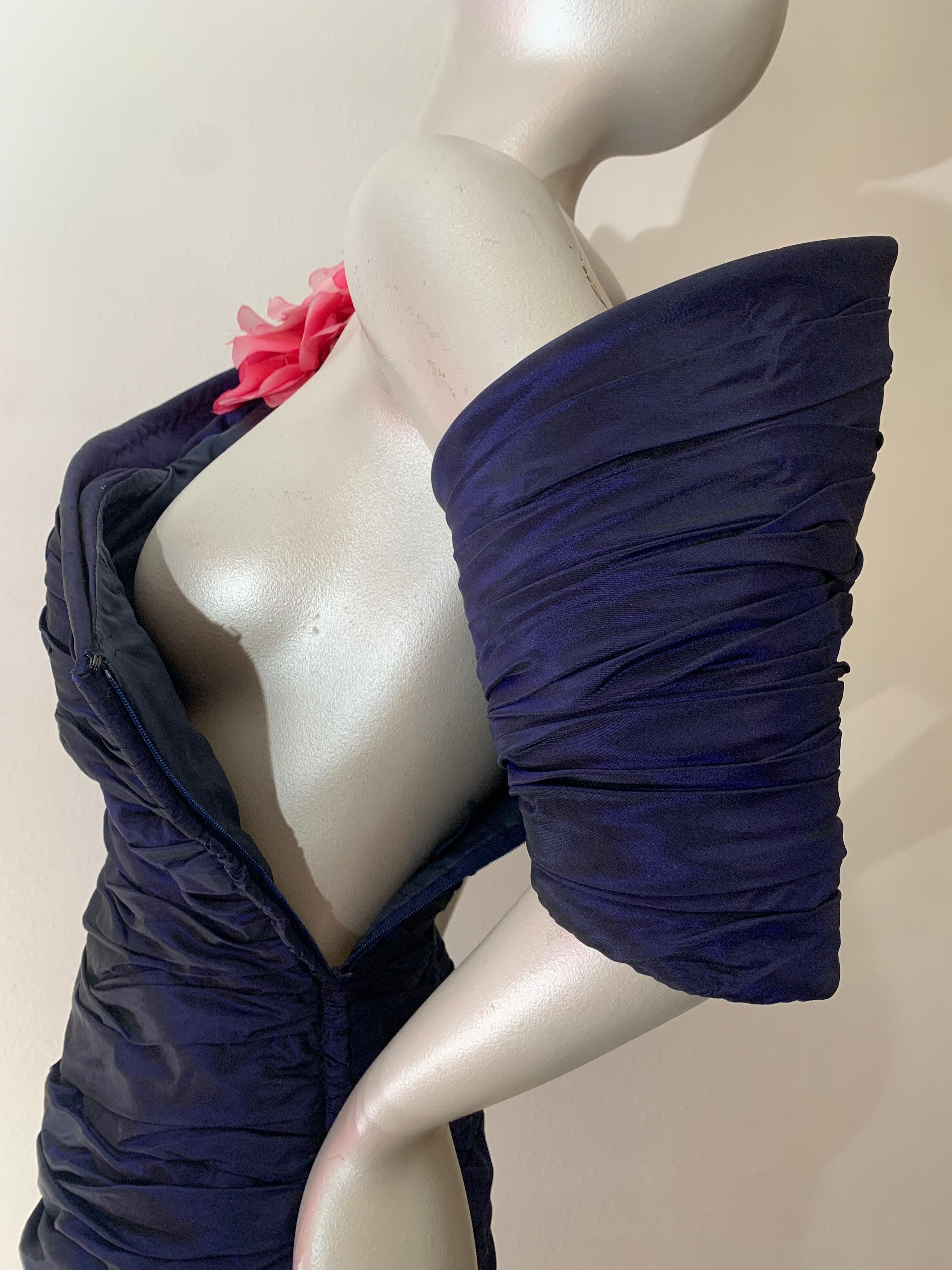 1980s Jacqueline de Ribes Deep Purple Taffeta One-Shoulder Cocktail Dress w Rose For Sale 8