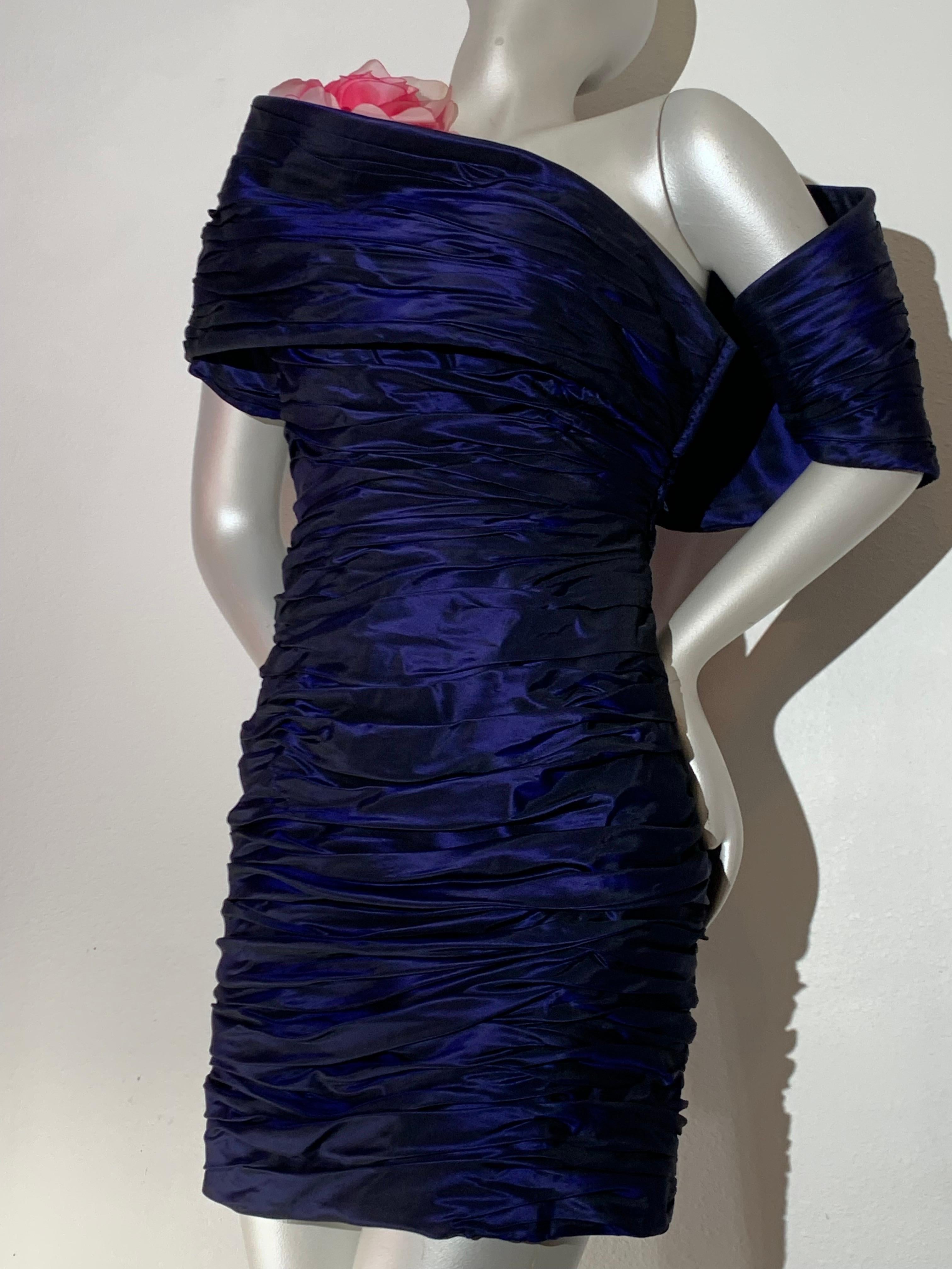 1980s Jacqueline de Ribes Deep Purple Taffeta One-Shoulder Cocktail Dress w Roses:  This documented Jacqueline de Ribes  heavily boned,  ruched, asymmetrical, ingeniously designed mini dress features a dramatic swath of taffeta over one shoulder