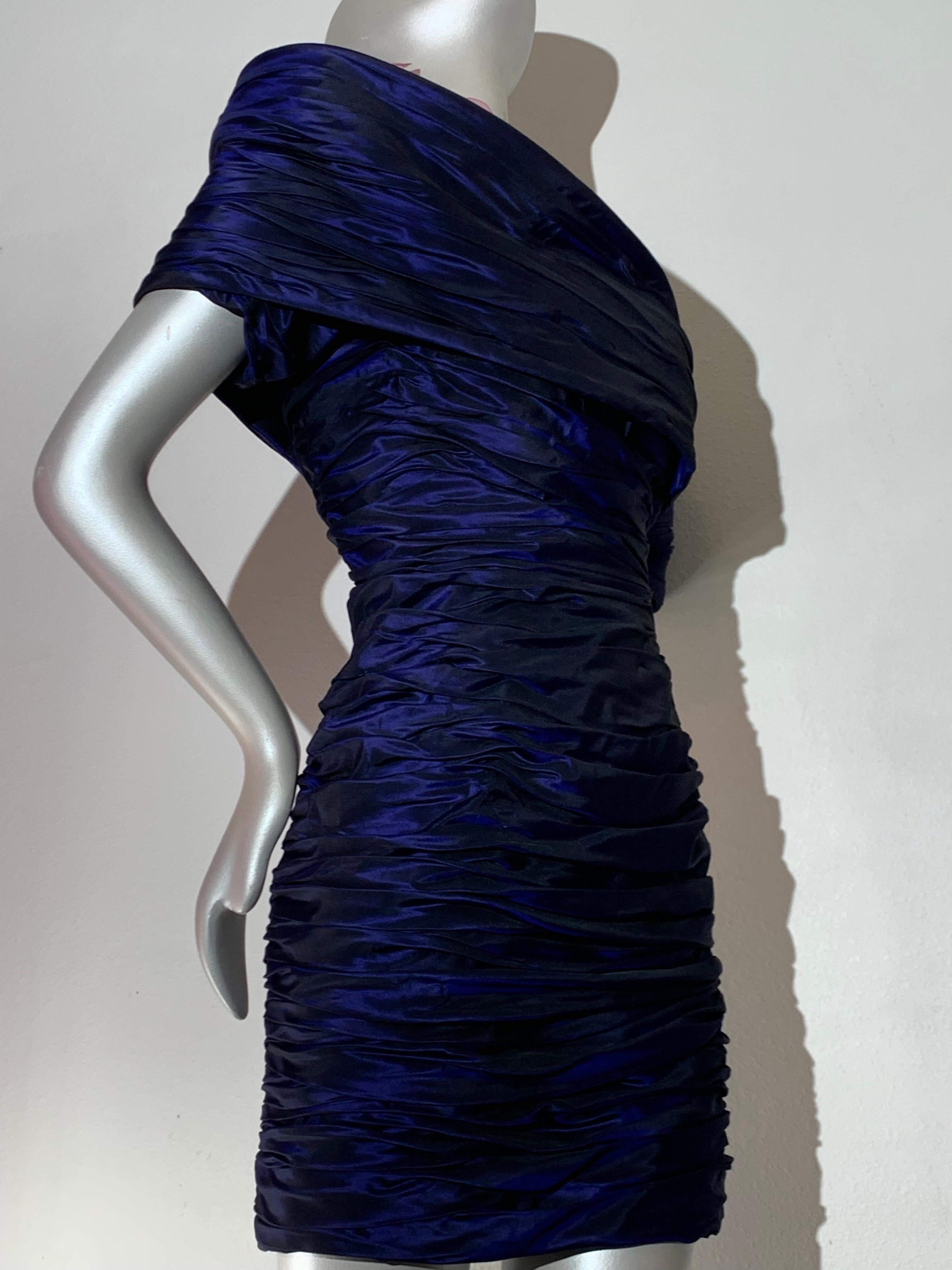 Black 1980s Jacqueline de Ribes Deep Purple Taffeta One-Shoulder Cocktail Dress w Rose For Sale