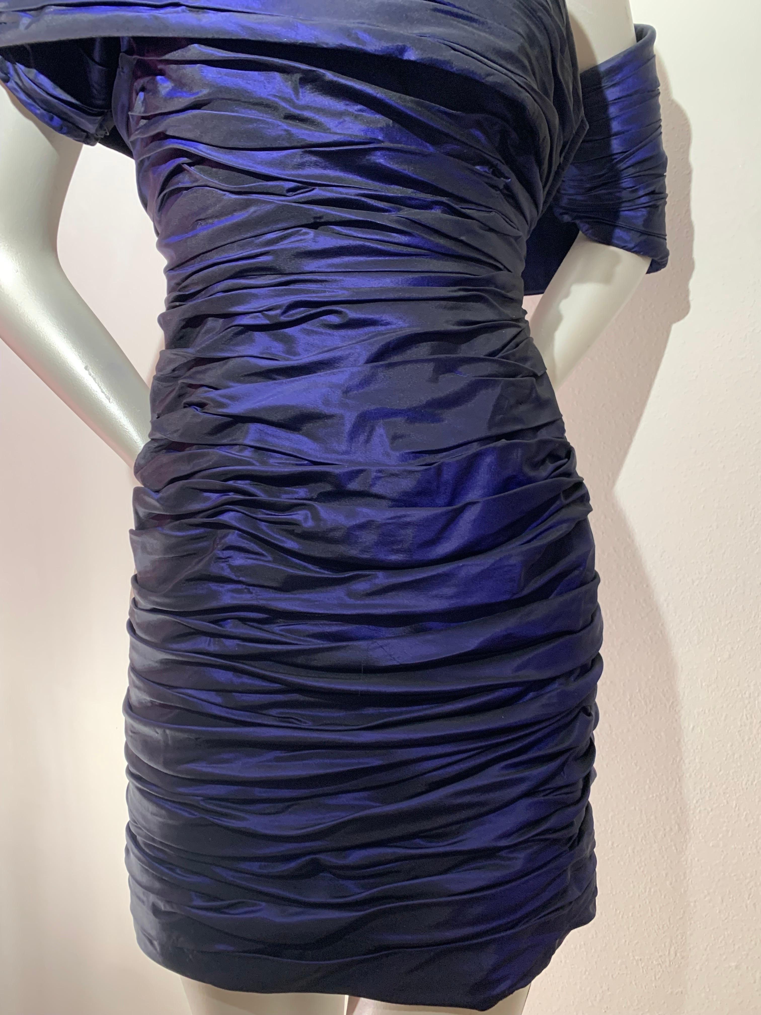 Women's 1980s Jacqueline de Ribes Deep Purple Taffeta One-Shoulder Cocktail Dress w Rose For Sale