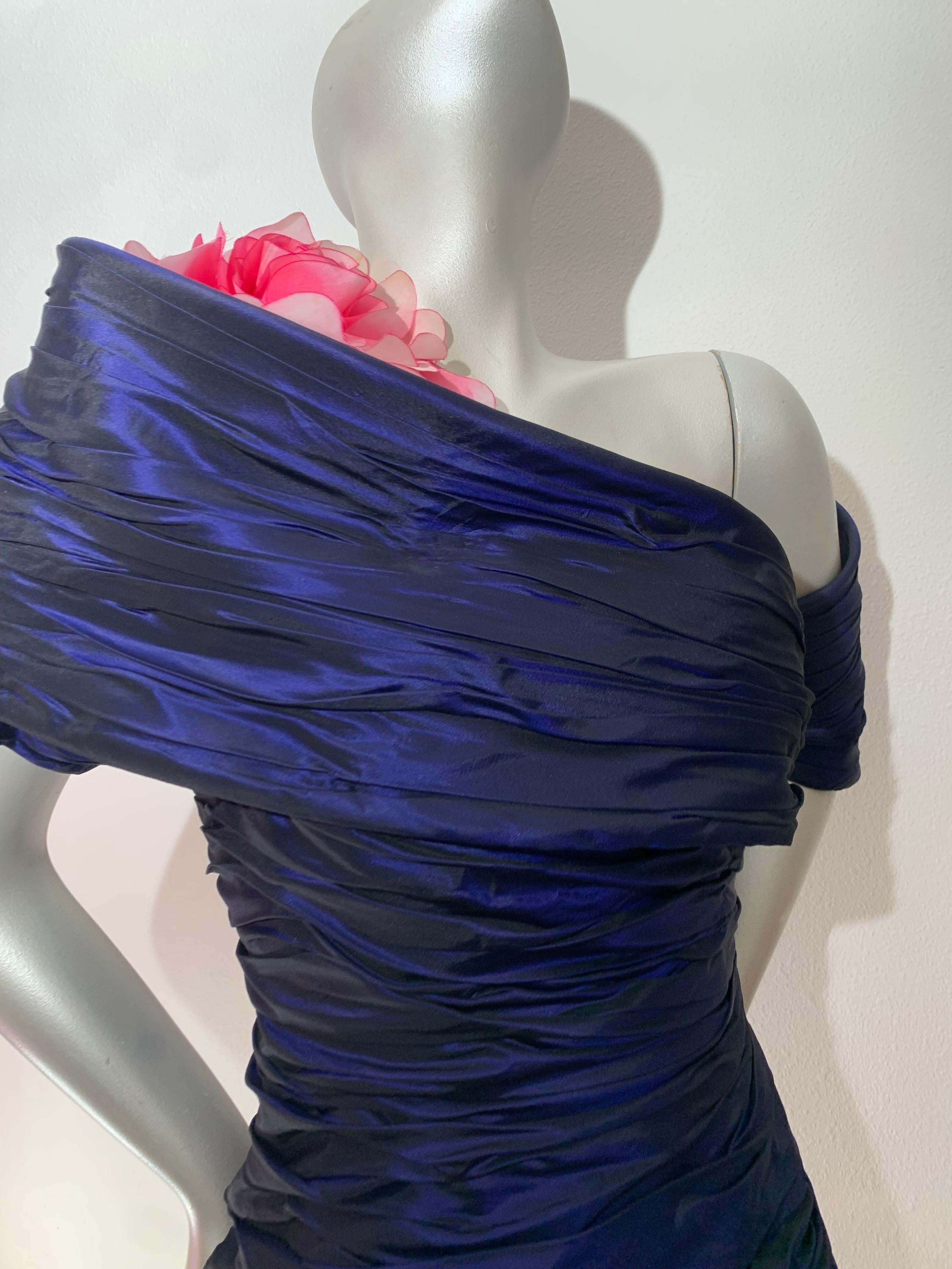 1980s Jacqueline de Ribes Deep Purple Taffeta One-Shoulder Cocktail Dress w Rose For Sale 1
