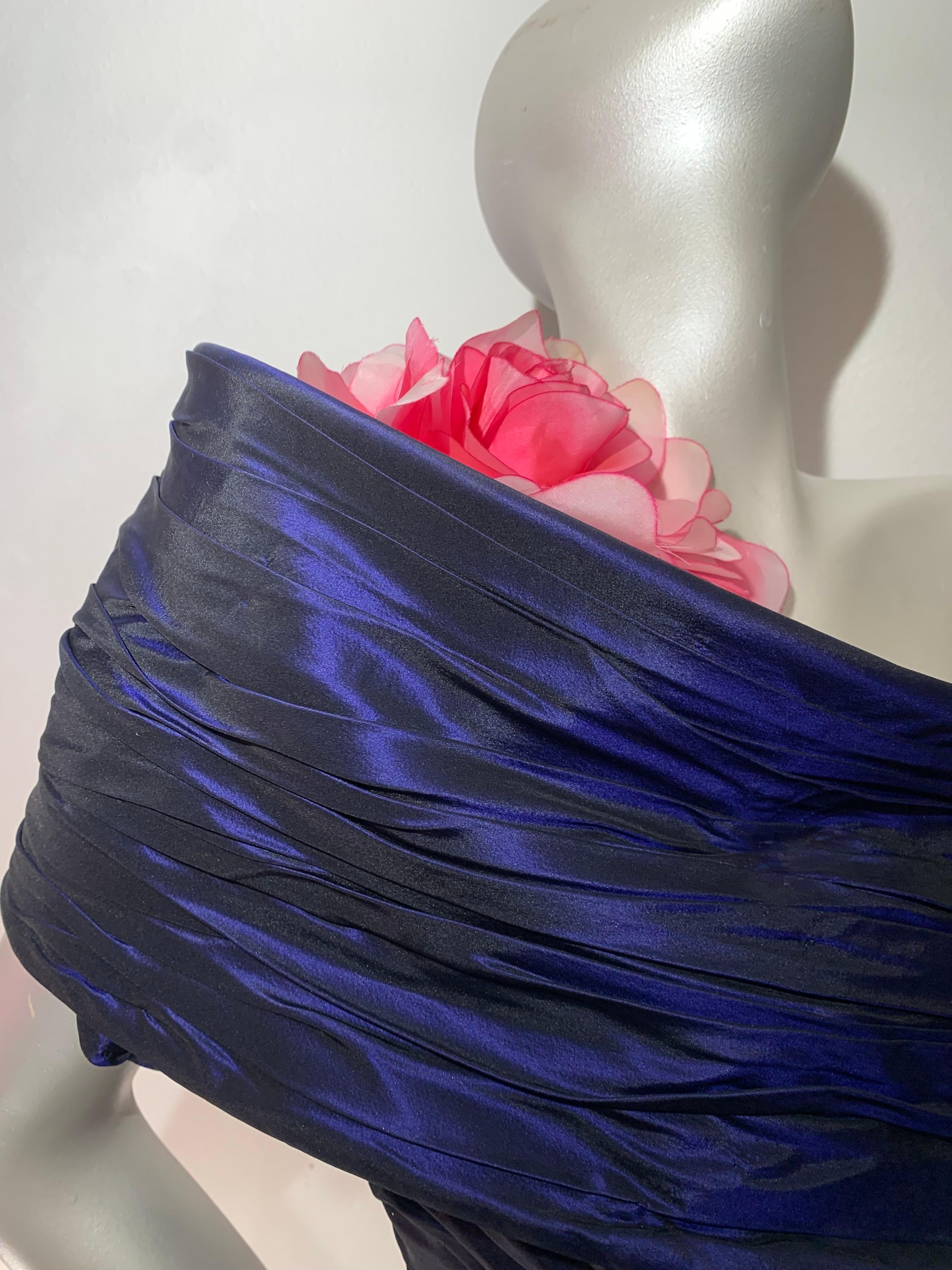 1980s Jacqueline de Ribes Deep Purple Taffeta One-Shoulder Cocktail Dress w Rose For Sale 2