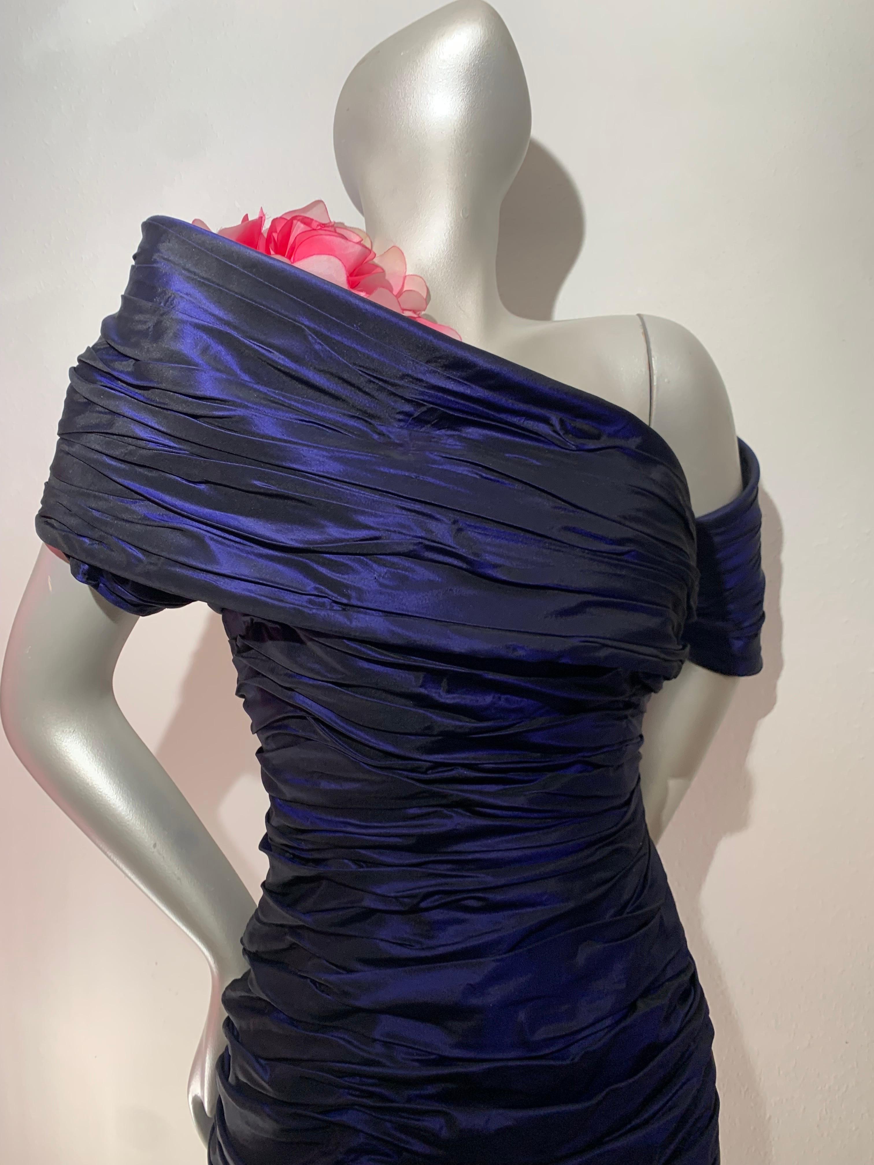 1980s Jacqueline de Ribes Deep Purple Taffeta One-Shoulder Cocktail Dress w Rose For Sale 3