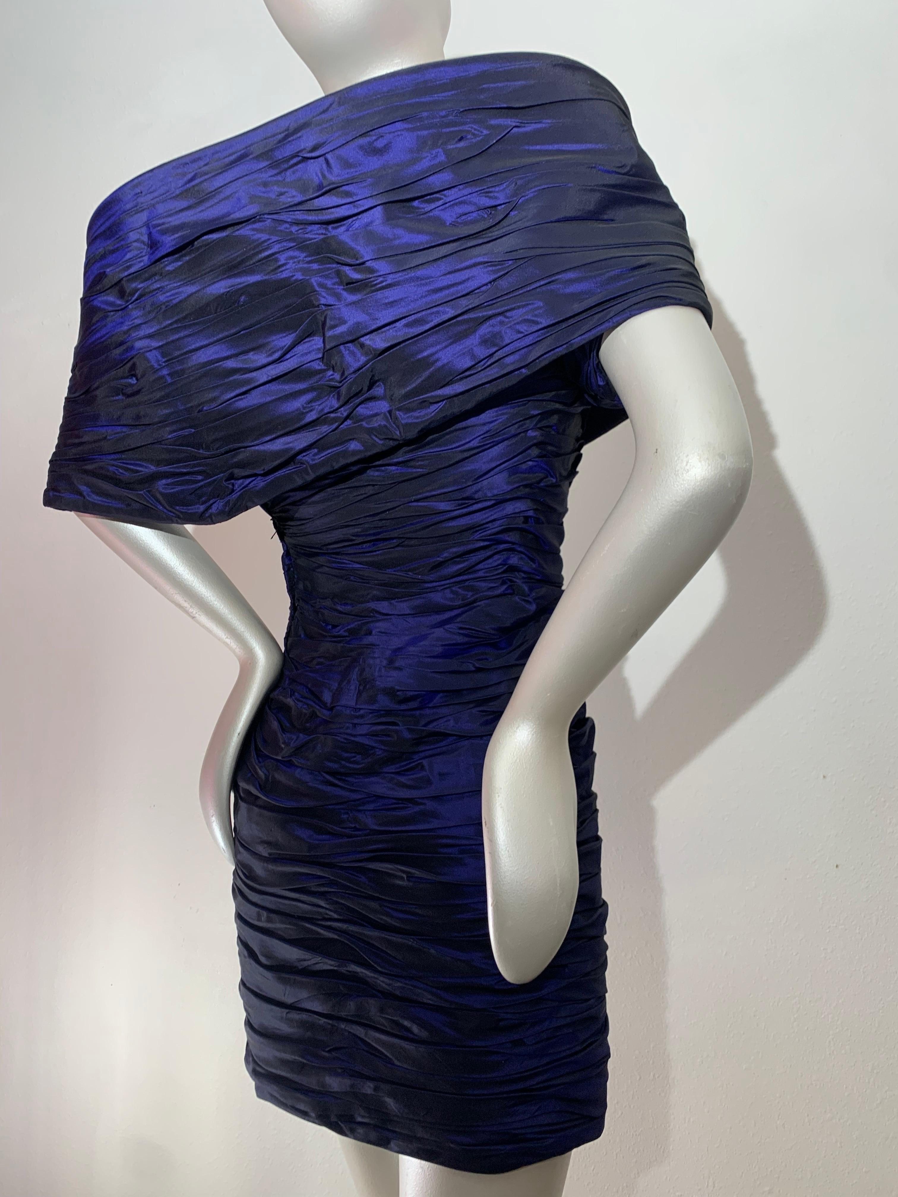 1980s Jacqueline de Ribes Deep Purple Taffeta One-Shoulder Cocktail Dress w Rose For Sale 4
